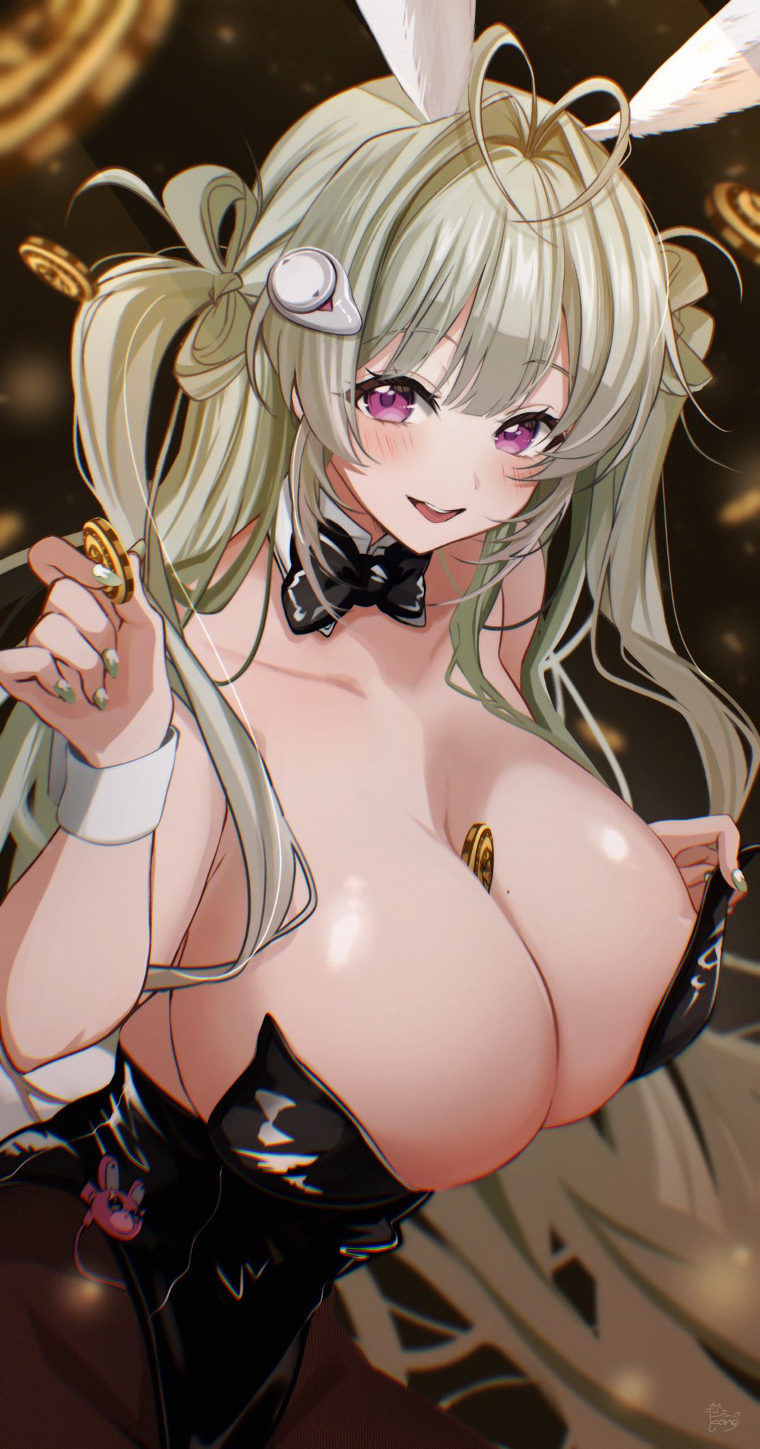 blush, breasts, bunny girl, bunnysuit, coin, detached collar, female, gigantic breasts, goddess of victory: nikke, nail polish, object between breasts, painted nails, slender waist, smile, soda (nikke), soda (twinkling bunny) (nikke), teasing, upper body