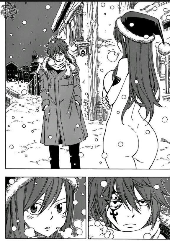 ass embarassed_nude_female enf erza_scarlet fairy_tail hiro_mashima jellal_fernandes manga naked official_art outside santa_hat winter