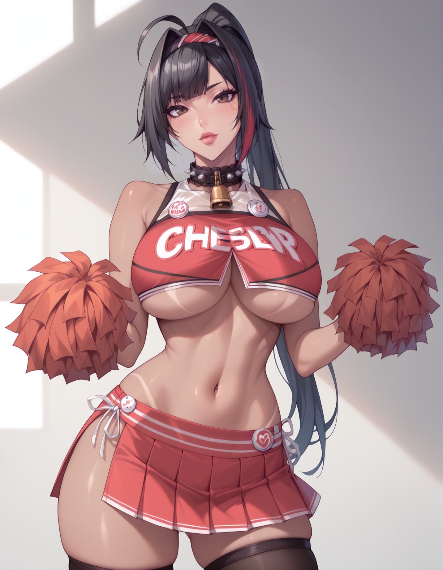 1girls, ai generated, ass, bay (nikke), big ass, breasts, brown eyes, cheerleader, dark hair, female, goddess of victory: nikke, hair highlights, large breasts, leg stockings, legwear, lewdwaifulaifu, long hair, looking at viewer, looking back, looking down, ponytail, slim waist, thick thighs, underboob