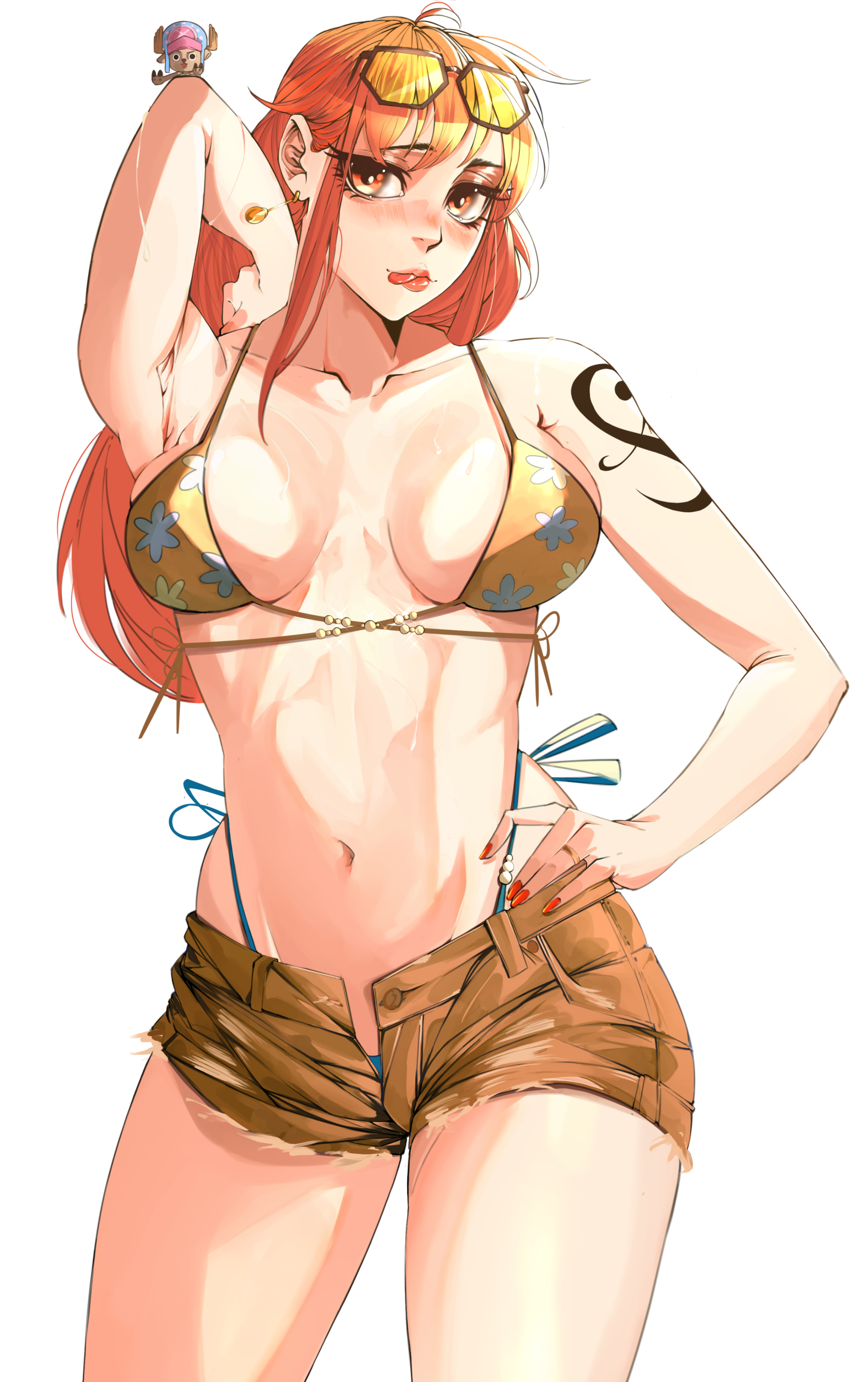 1girls, arm tattoo, armpits, bikini, black tattoo, blush, breasts, brown shorts, cleavage, clothing, cowboy shot, denim, eyewear, eyewear on head, female, female only, hand on hip, jewelry, jobin chan, large breasts, lips, long hair, looking at viewer, nail polish, nami (one piece), navel, one piece, orange eyes, orange hair, orange-haired female, post-timeskip, red nails, short shorts, shorts, shoulder tattoo, simple background, solo, stomach, sunglasses, swimsuit, tattoo, thighs, tony tony chopper, white background