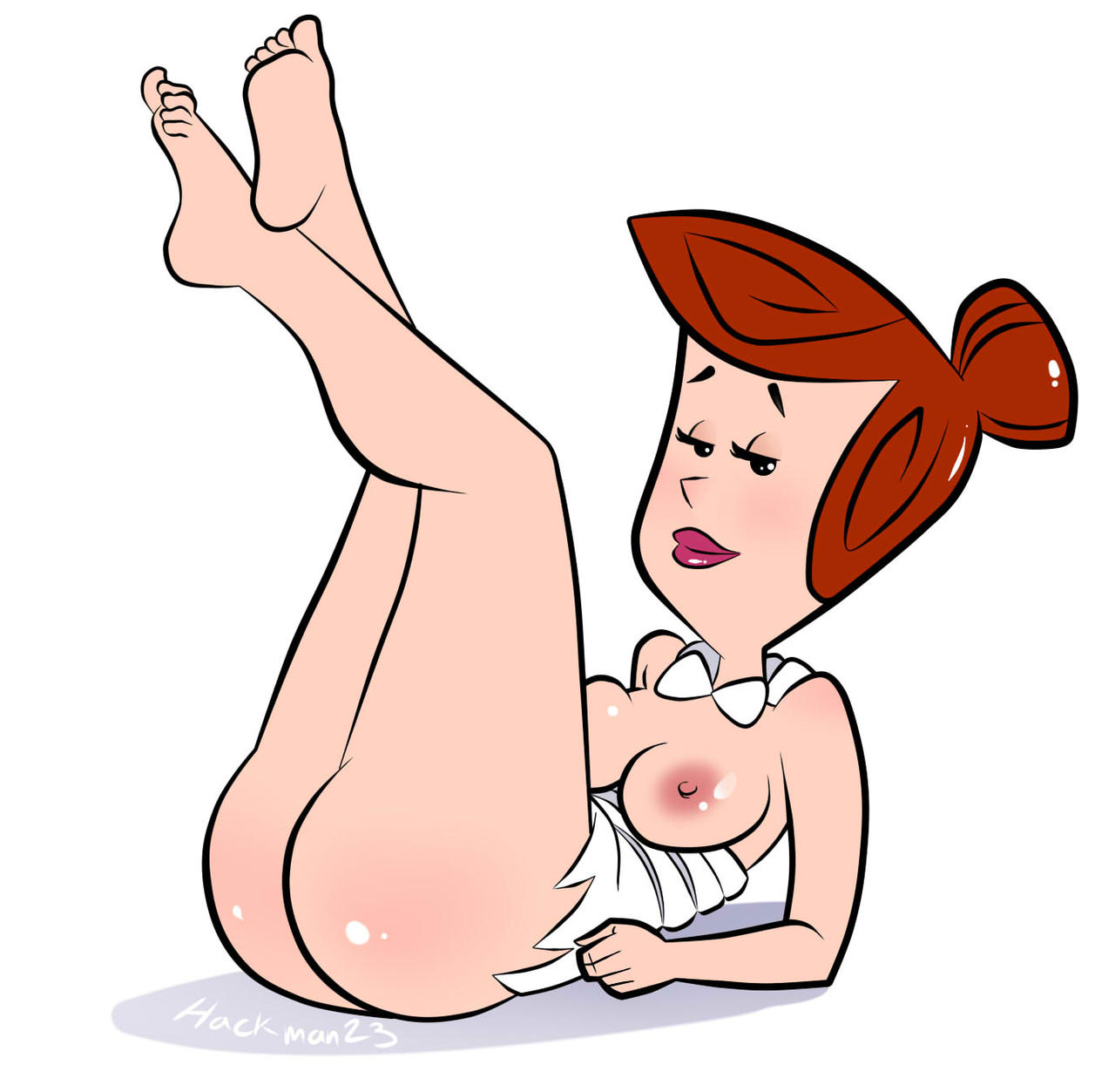 1girls ass ass breasts bubble_butt feet_up female female_only hackman hanna-barbera human light-skinned_female lipstick milf necklace red_hair red_lipstick solo solo_female the_flintstones voluptuous voluptuous_female white_background wilma_flintstone