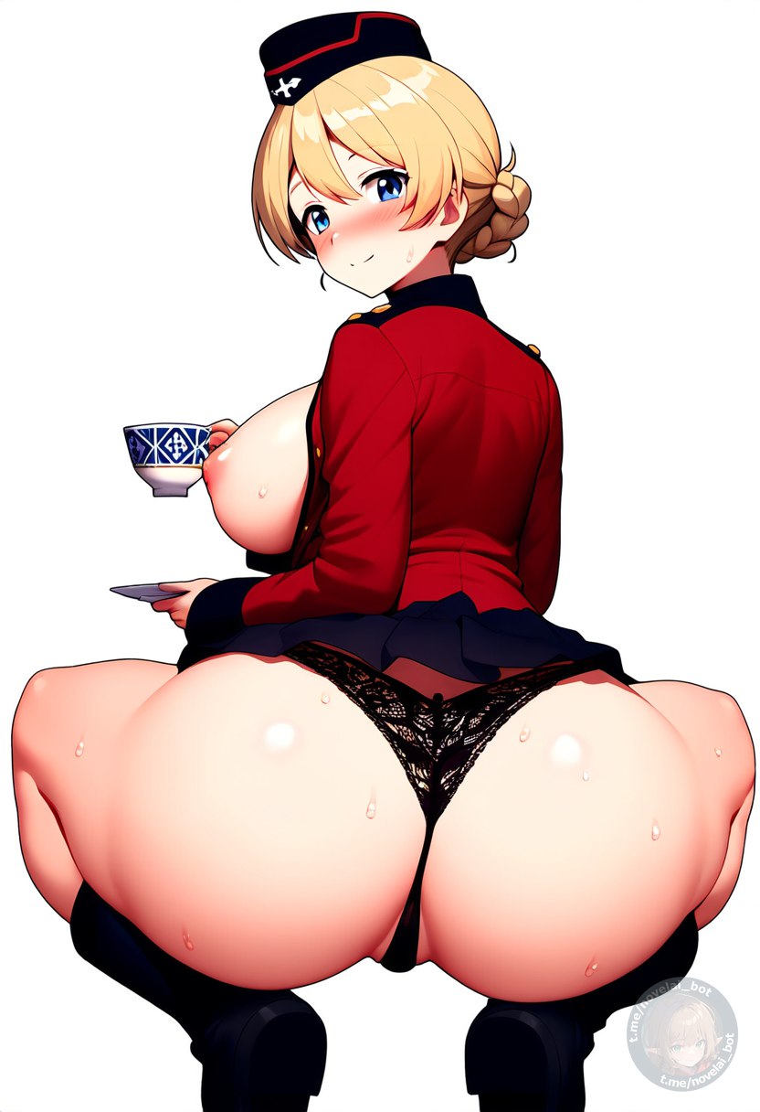 1girls ai_generated ass big blush boots breasts darjeeling girls_und_panzer military_uniform nipples panties partially_visible_vulva skirt solo squatting tits