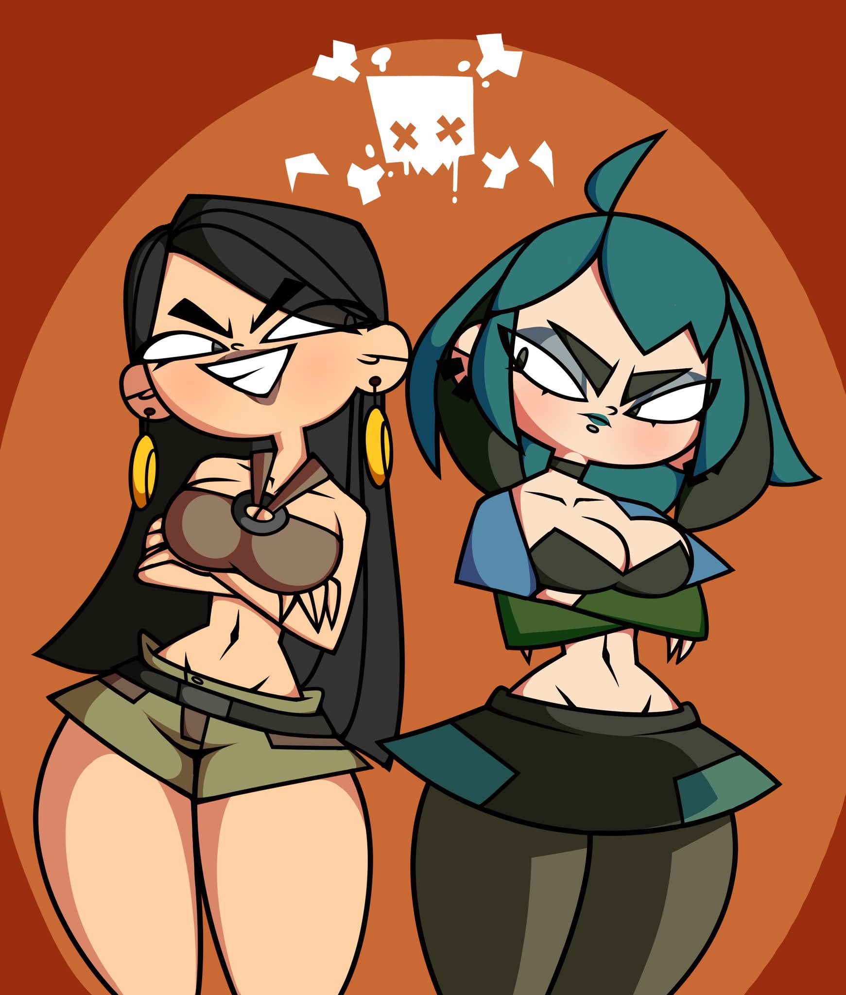 2girls, big breasts, black hair, breasts, cleavage, earrings, eyeshadow, female, female only, grey body, gwen (tdi), heather (tdi), lipstick, looking at another, metuloser404, multicolored hair, navel, shorts, skirt, thighs, total drama island