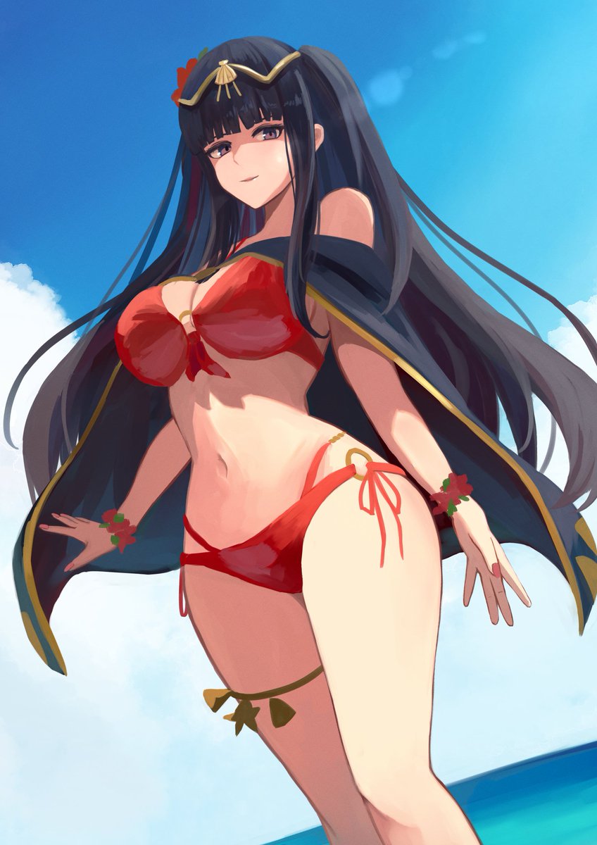 1girls alternate_costume bikini black_cape black_hair breasts female female_only fire_emblem fire_emblem_awakening fire_emblem_heroes gold_trim highres labebebe_lee lens_flare long_hair looking_at_viewer navel nintendo o-ring o-ring_bikini official_alternate_costume red_bikini red_swimsuit sky smile solo swimsuit tharja_(fire_emblem) tharja_(summer)_(fire_emblem)