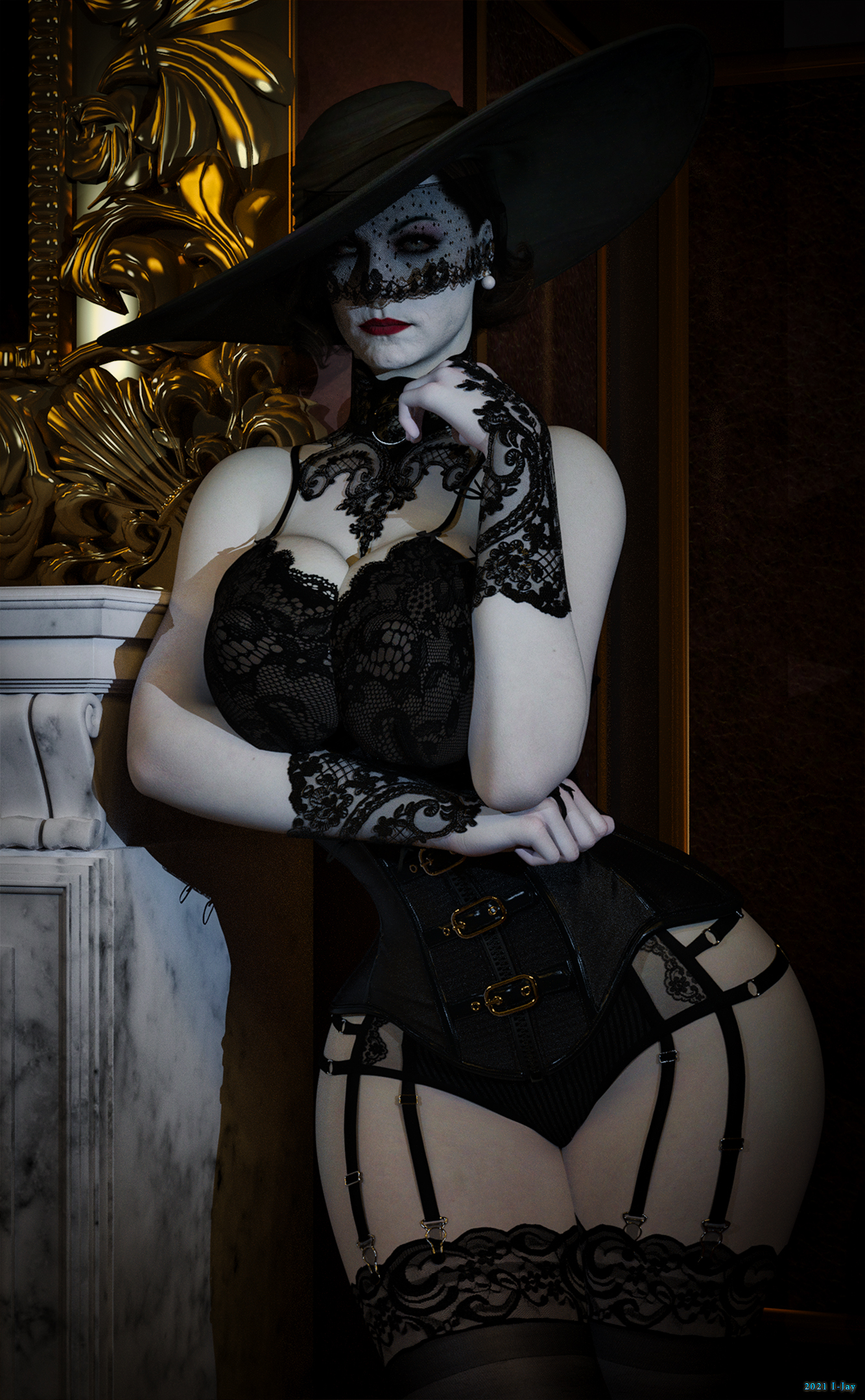 3d, 3d (artwork), alcina dimitrescu, big breasts, breasts, busty, capcom, corset, curvy female, female, garter straps, goth, hat, i-jay, legs, lingerie, mature female, milf, mommy, resident evil, resident evil 8: village, solo, taller female, thighhighs, white skin