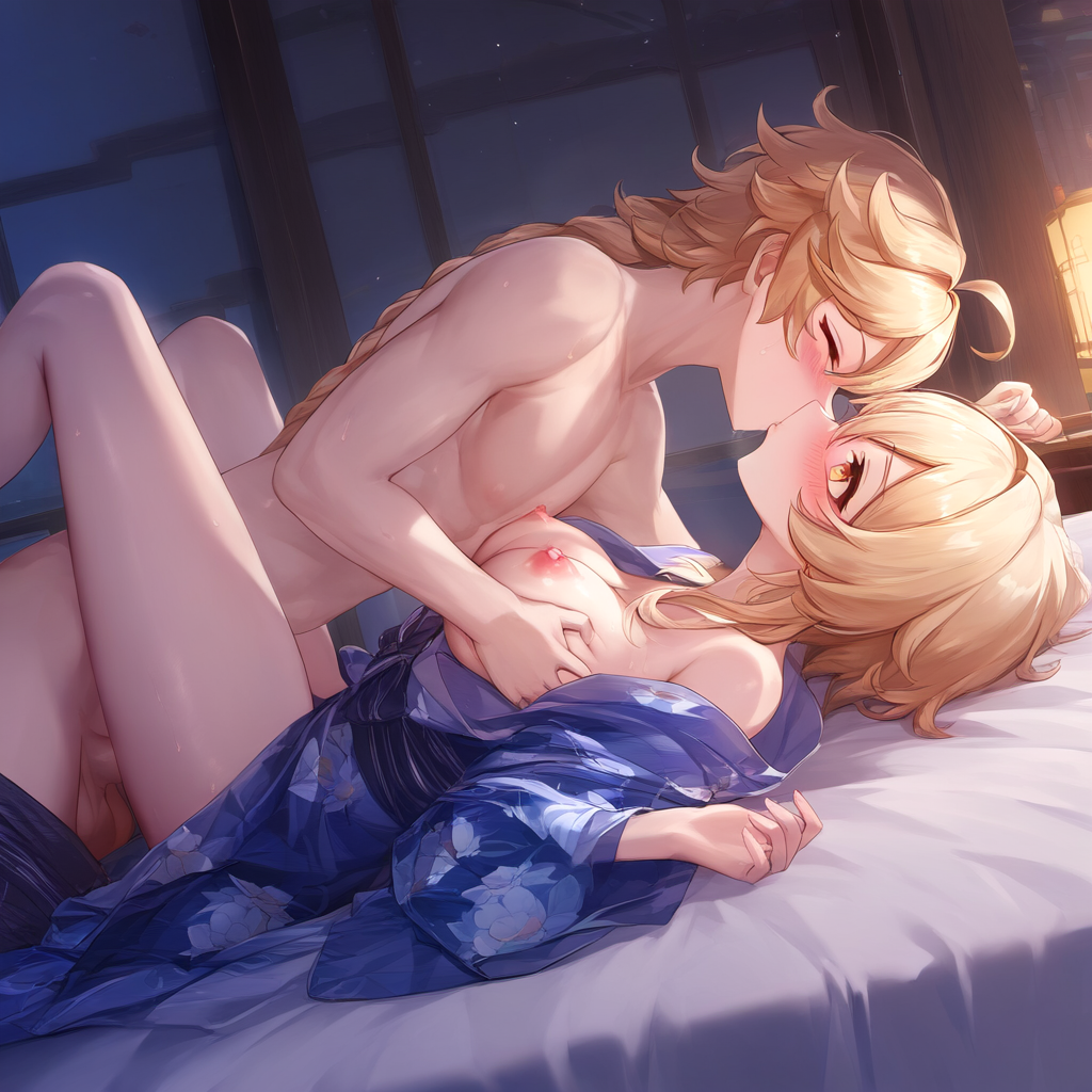 1boy 1girls aether_(genshin_impact) ai_generated blonde_hair blush brother_and_sister genshin_impact gold_eyes horny_female incest kissing lumine_(genshin_impact) mating_press mihoyo penetration penis pleasure_face sex straight testicles