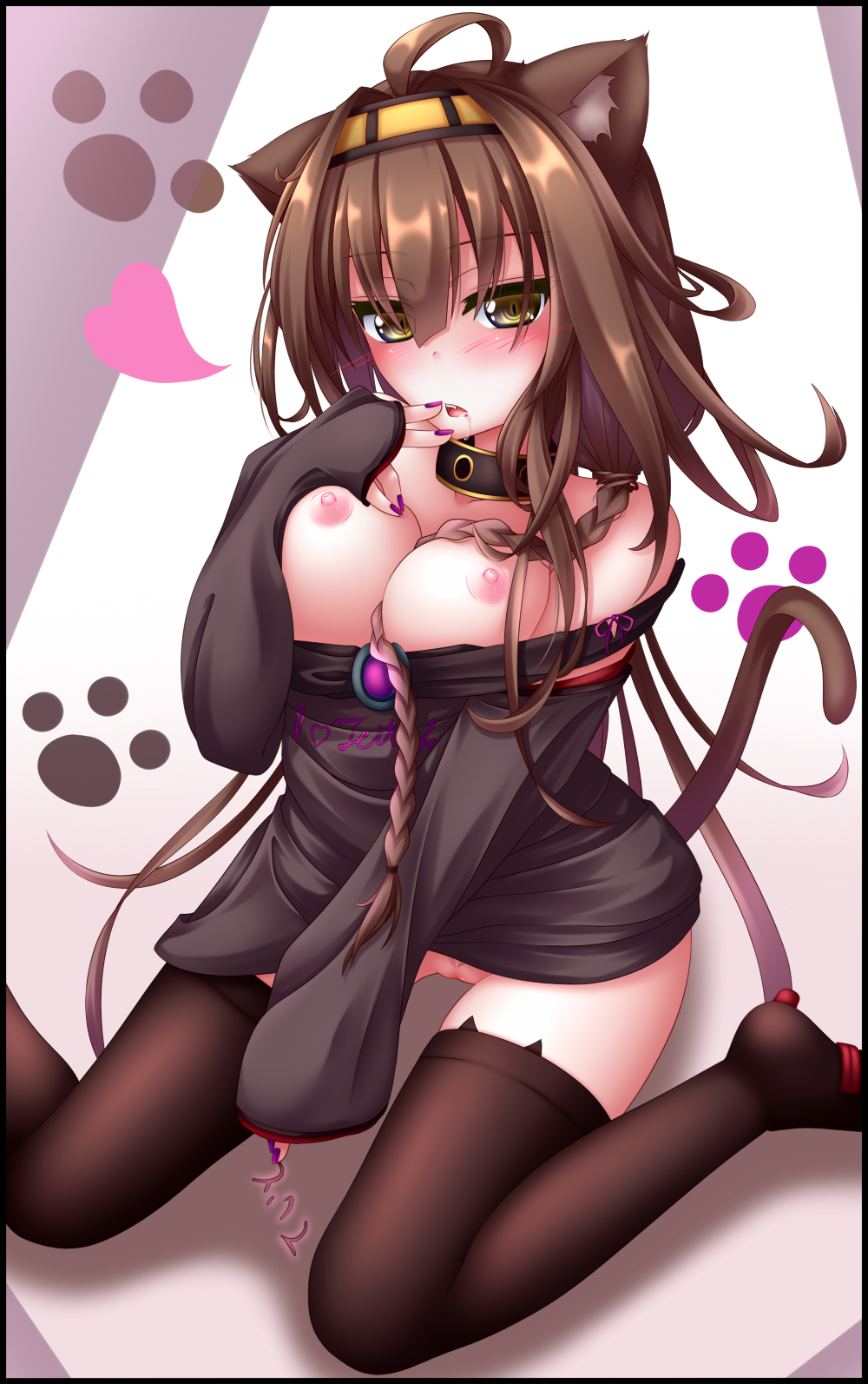 animal_ears bare_shoulders blush braid breasts brown_hair brown_legwear cat_ears cat_tail collar drooling female hairband highres kantai_collection kemonomimi_mode kongou_(kantai_collection) long_hair looking_at_viewer nail_polish nipples no_bra no_panties off_shoulder open_mouth paw_print pussy single_braid sitting slit_pupils solo tail text thighhighs tied_hair translation_request wariza yoye_(pastel_white)