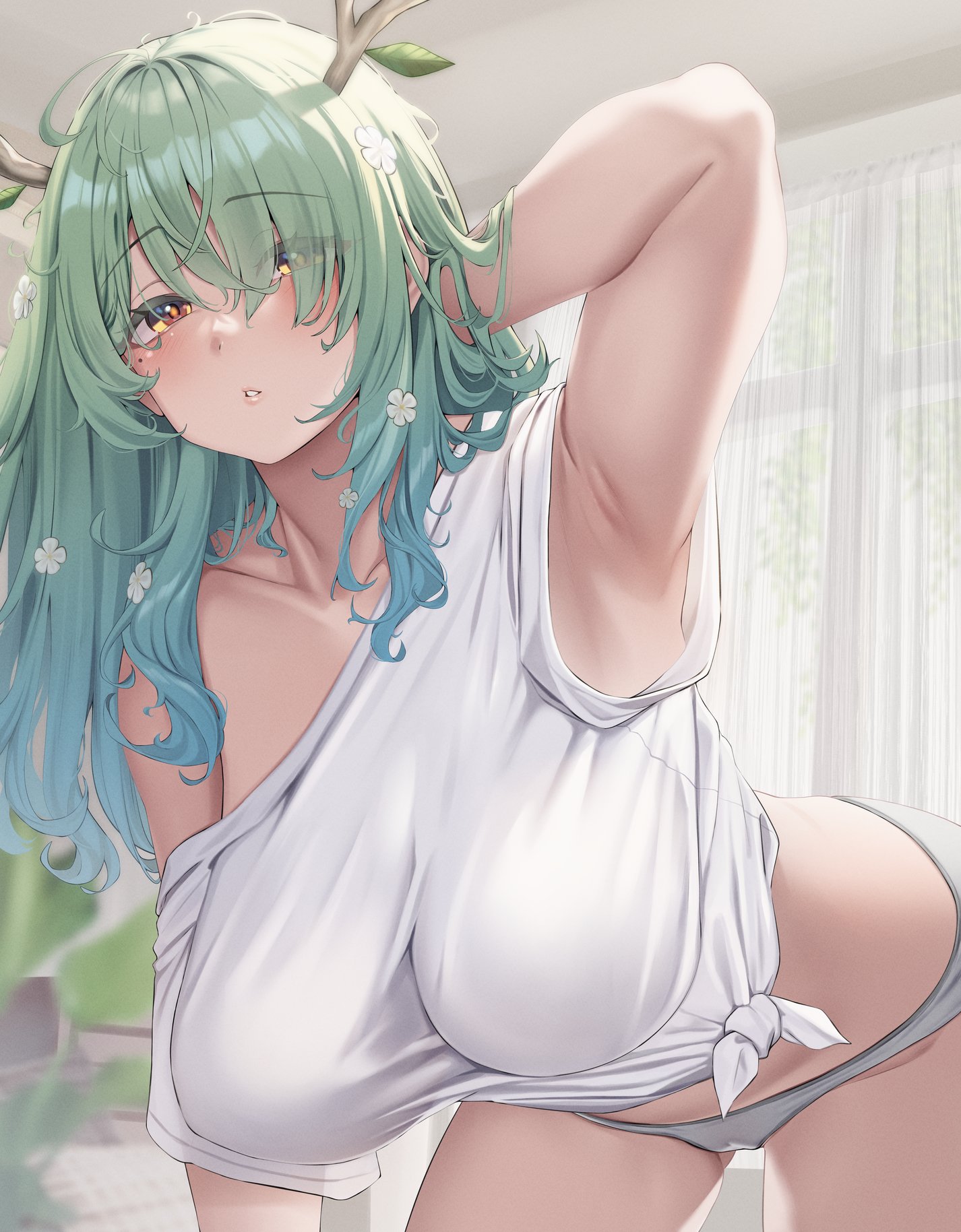 1girls, armpits, breasts, ceres fauna, female, hololive, hololive english, hololive english -council-, hololive english -promise-, horns, large breasts, moisture (chichi), off shoulder, virtual youtuber, yellow eyes