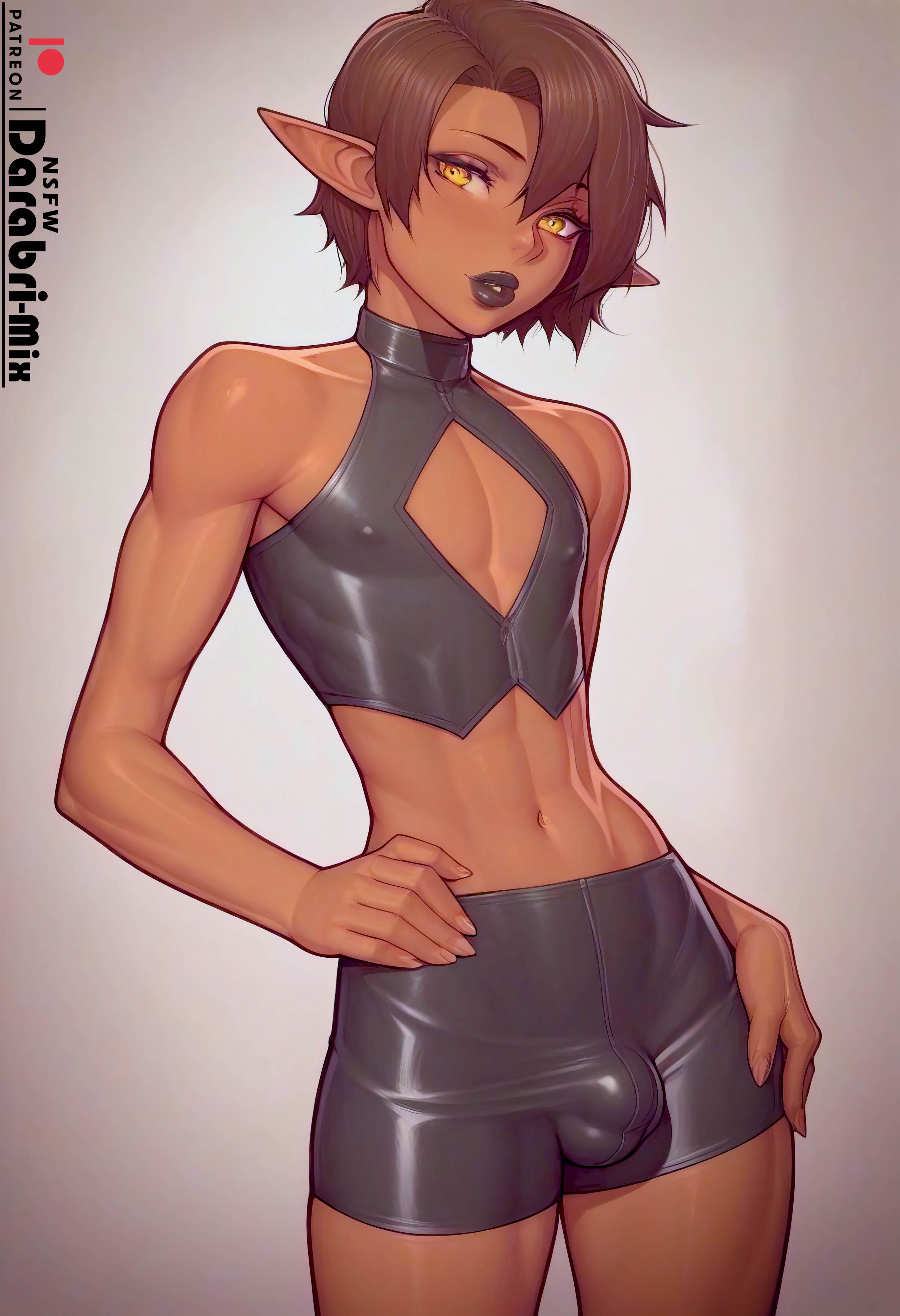 1boy, abs, absurd res, ai generated, asking for it, brown hair, brown skin, bulge, cute, darabri-mix, dark skin, dark-skinned femboy, dark-skinned male, elf, elf ears, femboy, feminine male, flaccid, flat chest, flat chested, gay, girly, logo, male, male only, medium hair, nipples, otoko no ko, patreon, patreon logo, penis, penis bulge, pose, posing, seductive look, seductive mouth, seductive smile, simple background, simple shading, skimpy, skimpy clothes, solo, solo focus, tanned, toned, trap, yaoi, yellow eyes