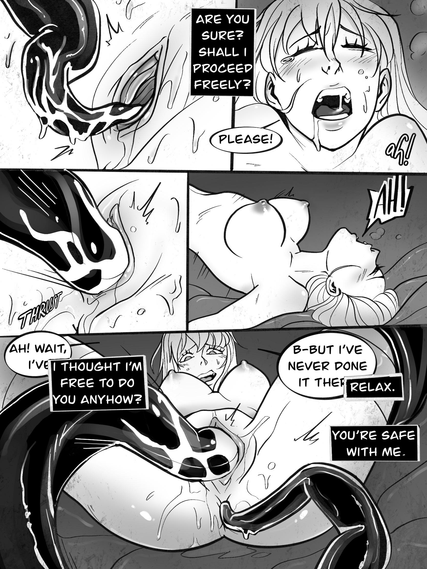 anal, ass, blush, closed eyes, comic, consensual, consensual tentacles, female, grimtonik, human, imminent tentacle in ass, pale skin, pussy, tentacle, tentacle in ass, tentacle in pussy, tentacle on female, tentacles around legs, thighhighs, vaginal, vaginal penetration