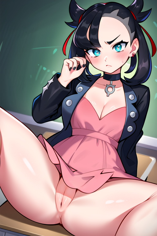 1girls, ai generated, black nails, blonde hair, blue eyes, blush, choker, classroom, embarrassed, female, female only, looking at viewer, marnie (pokemon), nintendo, pokemon, pokemon ss, pussy, raight21, school uniform, shy, skirt lift, solo, stable diffusion