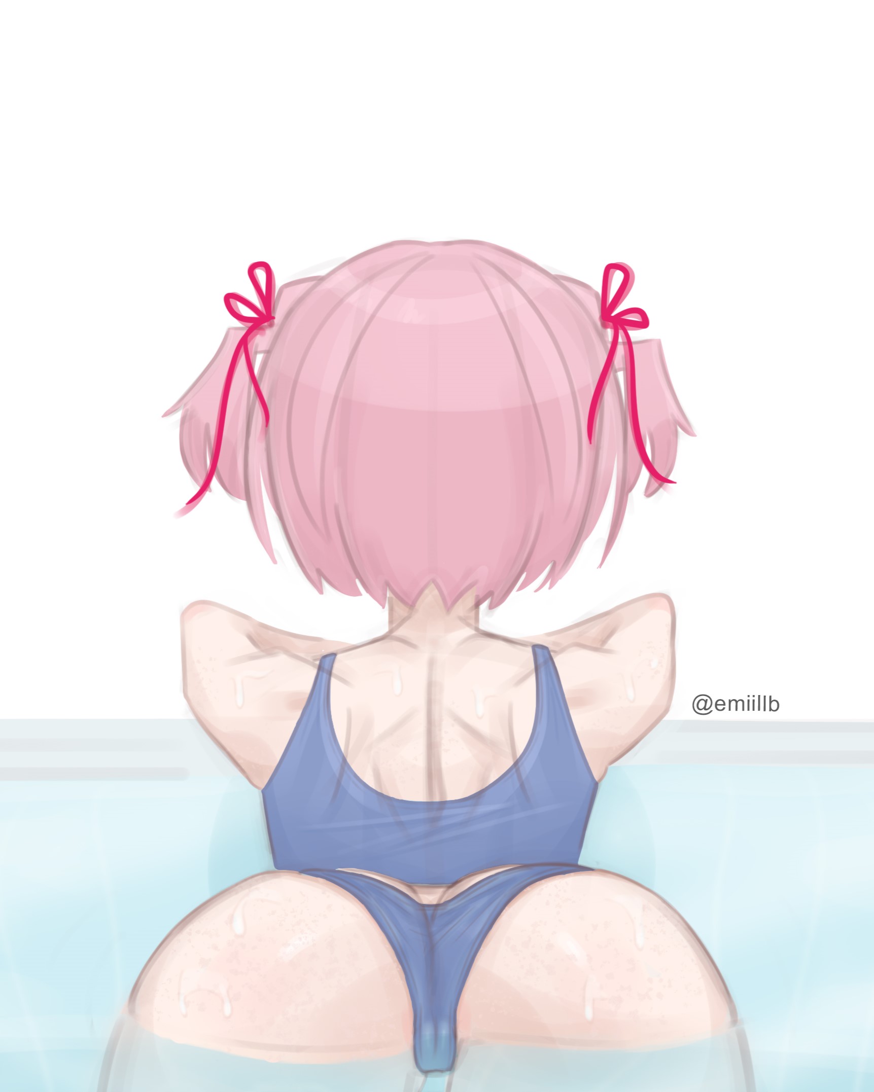 1girls, artist name, back of head, doki doki literature club, emiillb, female, natsuki (doki doki literature club), pink hair, twitter username