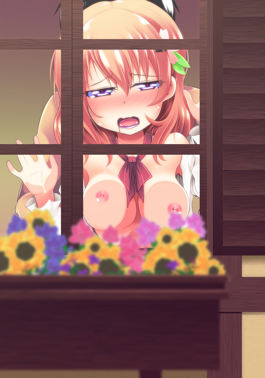 against_glass blush breast_press breasts brown_hair clothed_sex clothes cocoa_hoto female flower hair hair_flower hair_ornament heart-shaped_pupils is_the_order_a_rabbit? nipples open_clothes open_mouth open_shirt purple_eyes saliva sex short_hair sweat symbol-shaped_pupils tooculi uncensored window