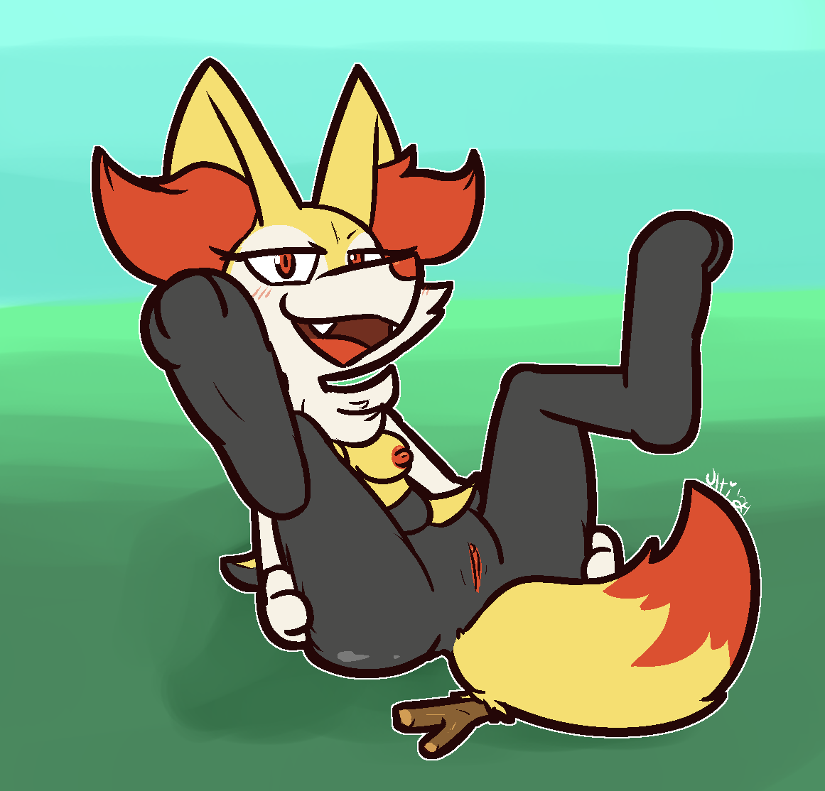 2024 3_fingers 3_toes anthro black_body black_fur braixen breasts canid canine clitoris cute_fangs dipstick_tail feet female fingers fur generation_6_pokemon genitals half-closed_eyes hands_on_leg hands_on_thigh legs_up looking_at_viewer mammal markings medium_breasts narrowed_eyes nintendo nipples open_mouth pokemon pokemon_(species) pupils pussy red_body red_eyes red_fur red_nipples red_nose red_pussy smile smirk solo spread_legs spreading stick tail tail_markings toes ultilix white_body white_fur yellow_inner_ear