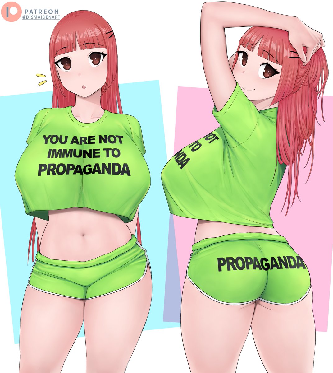 1girls aki-chan_(dismaiden) ass big_breasts busty dismaiden english_text exposed_midriff front_and_back hand_in_hair light-skinned_female light_skin original patreon_username propaganda red_eyes red_hair short_shorts shorts text_on_clothing thighs you_are_not_immune_to_propaganda