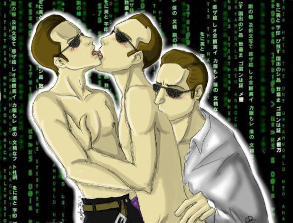 3boys agent_brown agent_jones_(the_matrix) agent_smith bobcat88 brown_hair kissing sunglasses tongue_kiss unbuttoned_pants yaoi