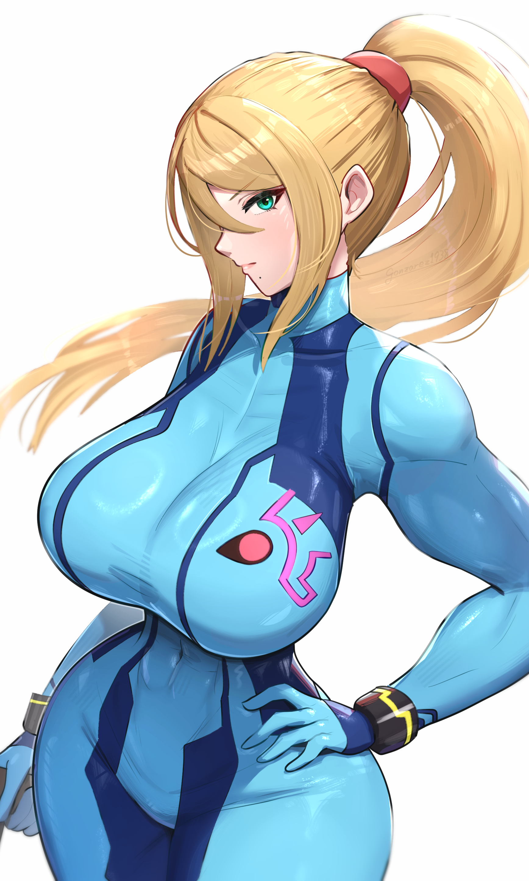 biceps, blonde hair, blue eyes, breasts, female, female only, gonzarez, hourglass figure, long hair, metroid, nintendo, samus aran, solo, tagme, zero suit, zero suit samus