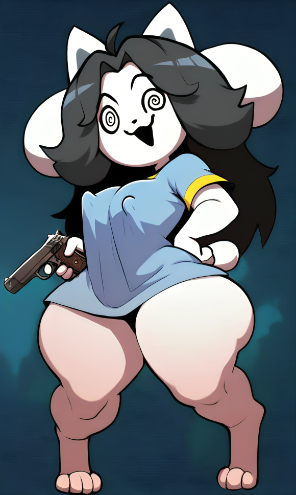 :d ai_generated big_breasts black_hair blue_background blue_shirt clothed crazy_eyes crazy_girl curvy female gun hand_on_hip holding_gun monster monster_girl nipple_bulge perky_breasts pixai shirt_only shortstack solo spiral_eyes temmie temmie_(undertale) thick_thighs undertale undertale_(series) white_fur white_skin