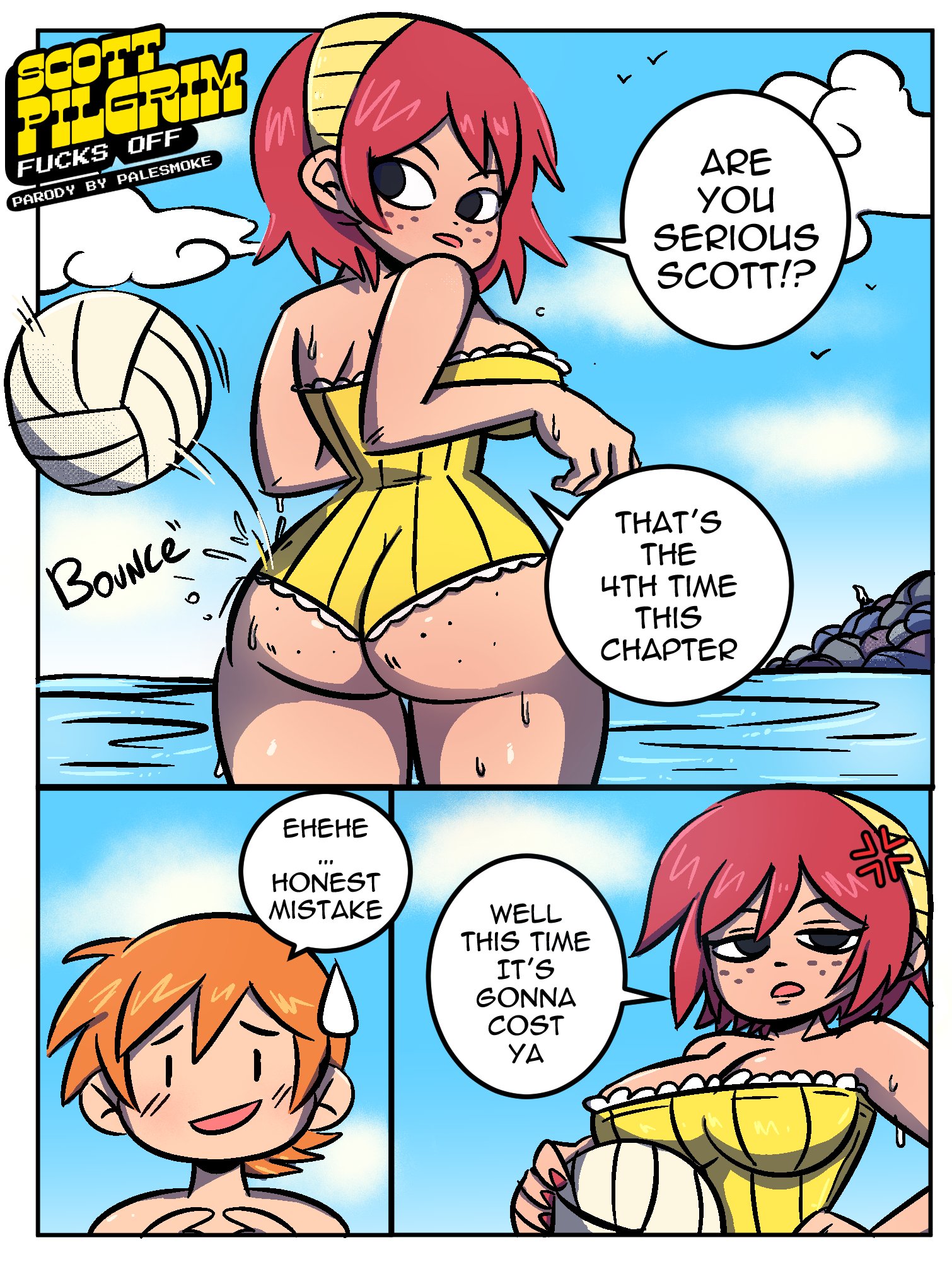 1boy, 1girls, ass, beach, big ass, big breasts, breasts, bubble ass, bubble butt, busty, comic, comic page, comic strip, english text, fat ass, female, freckles, freckles on ass, freckles on face, ginger, ginger hair, hairband, hairbow, imminent sex, kim pine, large ass, large breasts, male, palesmoke, red hair, scott pilgrim, scott pilgrim takes off, scott w pilgrim, sea, seaside, short hair, swimsuit, swimwear, text, thick, thick ass, tomboy, volleyball