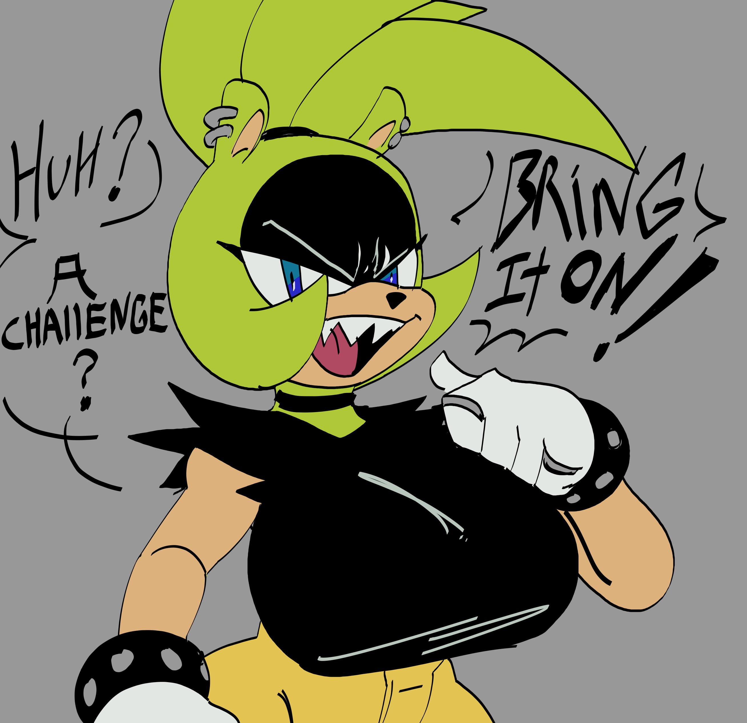 1girls, big breasts, blue hair, breasts, choker, ear piercing, female, female only, green body, green fur, green hair, idw publishing, imminent sex, large breasts, mooncheez3, open mouth, sharp teeth, solo, solo female, solo focus, sonic (series), sonic the hedgehog (idw), sonic the hedgehog (series), spiked bracelet, surge the tenrec, text, wide hips