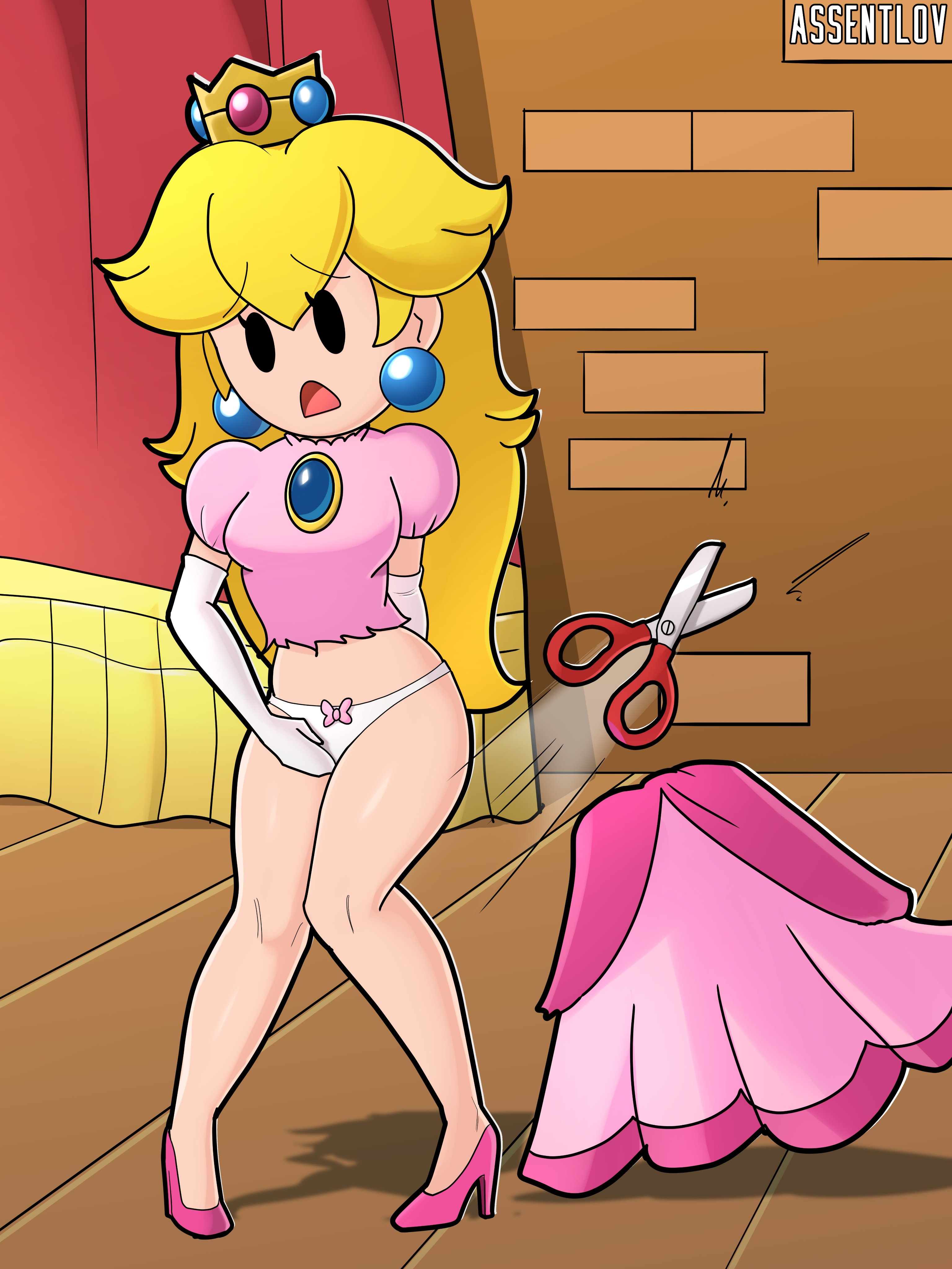 assentlov, embarrassed, embarrassed undressed female, euf, female, female only, mario (series), nintendo, open mouth, panties, paper mario, paper peach, princess peach, underwear, undressed
