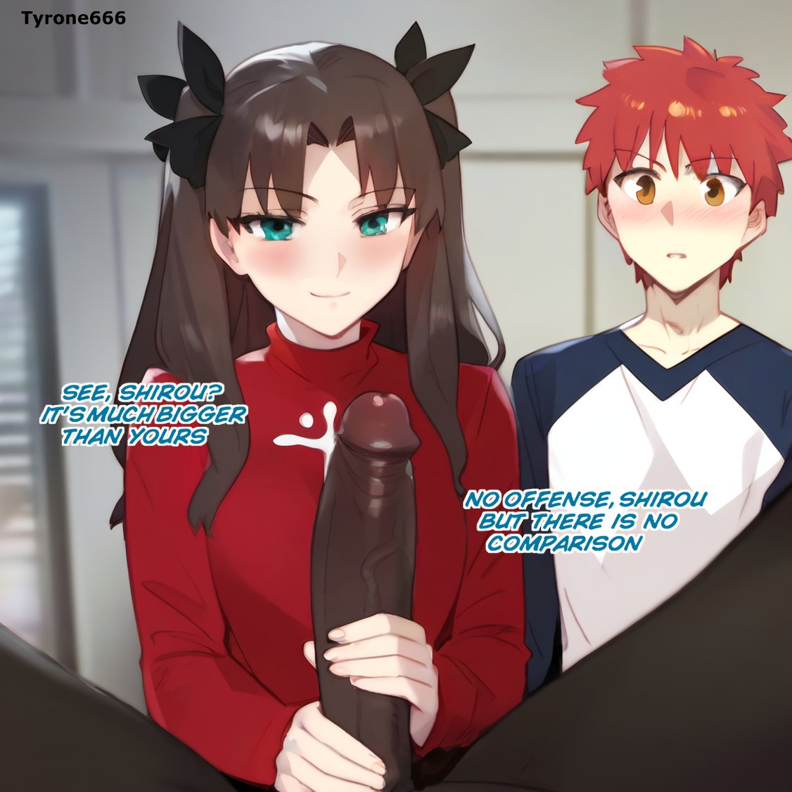 1girls 2boys ai_generated beta_male blush cuck cuckold cuckolding dark-skinned_male dark_skin emiya_shirou english_text ezzezezz fate_(series) female human humiliation interracial light-skinned_female light-skinned_male male multiple_boys penis small_penis_humiliation text tohsaka_rin tyrone666