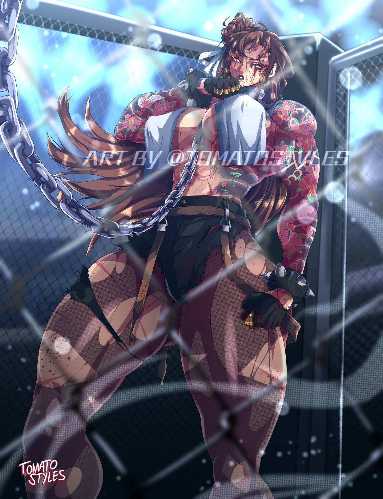 1girls abs alternate_breast_size alternate_costume alternate_hairstyle areola_bulge arm_over_breasts arm_tattoo artist_logo belt belt_buckle belt_straps big_breasts big_thighs black_gloves black_lipstick blood blood_on_face blood_on_hand blood_on_leg bracelet brass_knuckles brown_hair cage cage_match caged caucasian caucasian_female chained_collar choker chun-li collar earrings eyelashes eyeliner eyeshadow female fence fight fighting_ring flower_tattoo gloves gray_eyes grey_eyes hair_blowing hair_bun hand_over_breast hoop_earrings hourglass_figure jean_shorts knuckle_duster lipstick long_hair looking_away messy_hair muscle_mommy muscular muscular_female muscular_thighs perky_nipples pink_eyeshadow pov ribbon ribbon_in_hair ripped_clothing ripped_jeans ripped_pants ripped_tights round_breasts scars scars_on_legs scars_on_thighs shiny_skin shorts solo solo_female solo_focus spiked_bracelet street_fighter tattoo tattoo_sleeve tattooed_arm tattoos thick_legs thick_thighs tights tomatostyles towel towel_over_breasts twitter_username watermark wiping_mouth wiping_sweat yakuza_girl yakuza_tattoo