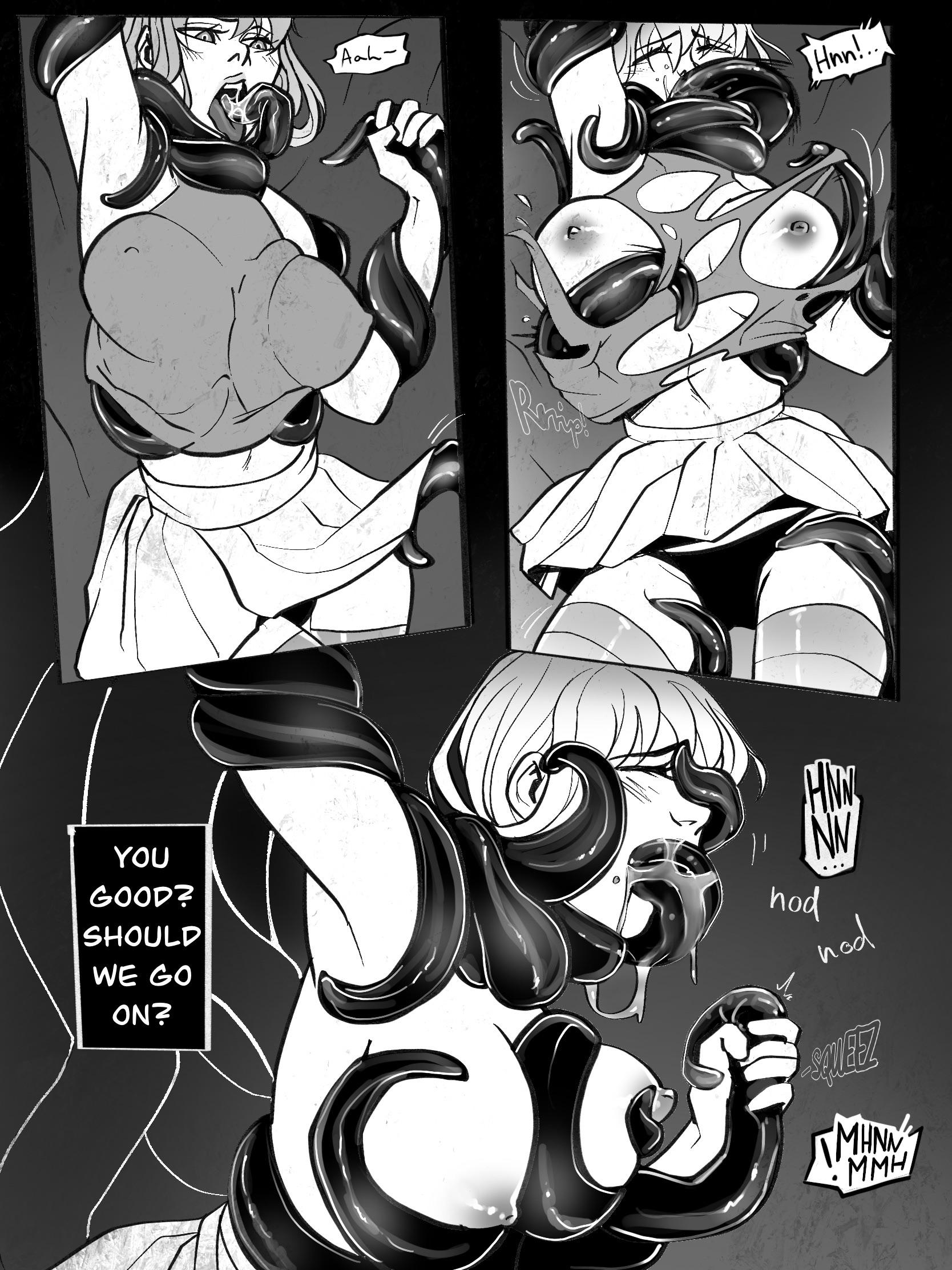 anal, blush, breasts, clothing, comic, consensual, consensual tentacles, female, grimtonik, human, nipple bulge, pale skin, panties, pussy, skirt lift, stripped by tentacles, tentacle, tentacle around neck, tentacle grab, tentacle in mouth, tentacles around breasts, tentacles around legs, tentacles under clothes, thighhighs, tongue, tongue out, torn clothes, torn shirt, vaginal penetration