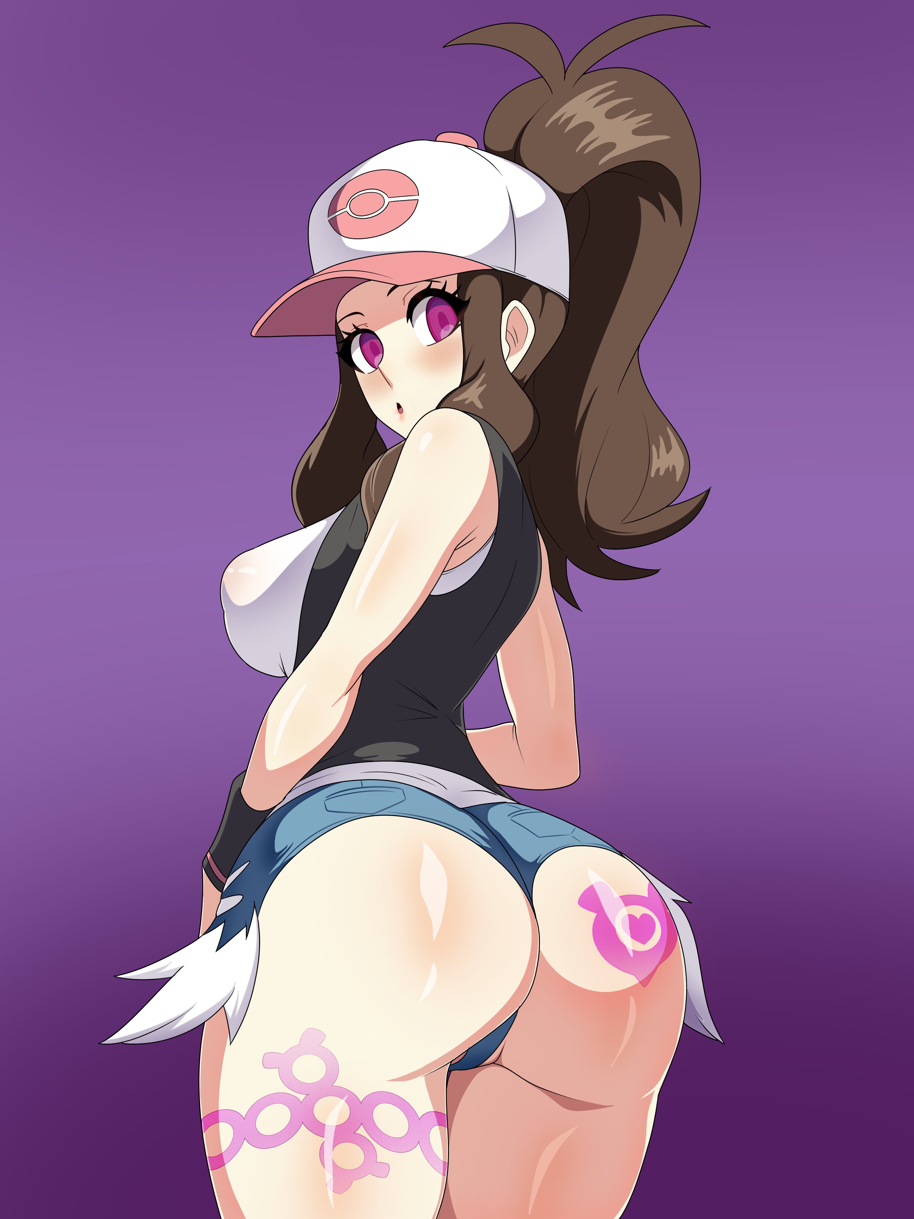 1girls, ass, ass tattoo, blue eyes, booty shorts, breasts, brown hair, bubble ass, bubble butt, female, hat, hilda (pokemon), hypnosis, implied pokephilia, jean shorts, large ass, large breasts, light skin, light-skinned female, long hair, ludinsketches, nintendo, pecharunt tattoo, pokemon, pokemon bw, pokephilia, ponytail, short shorts, shorts, tattoo