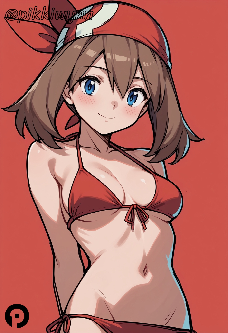 ai_generated arms_behind_back bandana bangs bikini blue_eyes blush breasts brown_hair closed_mouth collarbone female front-tie_bikini_top front-tie_top hair_between_eyes halterneck looking_at_viewer may_(pokemon) medium_breasts navel pikkiwynn pokemon red_background red_bandana red_bikini side-tie_bikini_bottom simple_background smile solo stomach string_bikini swimsuit