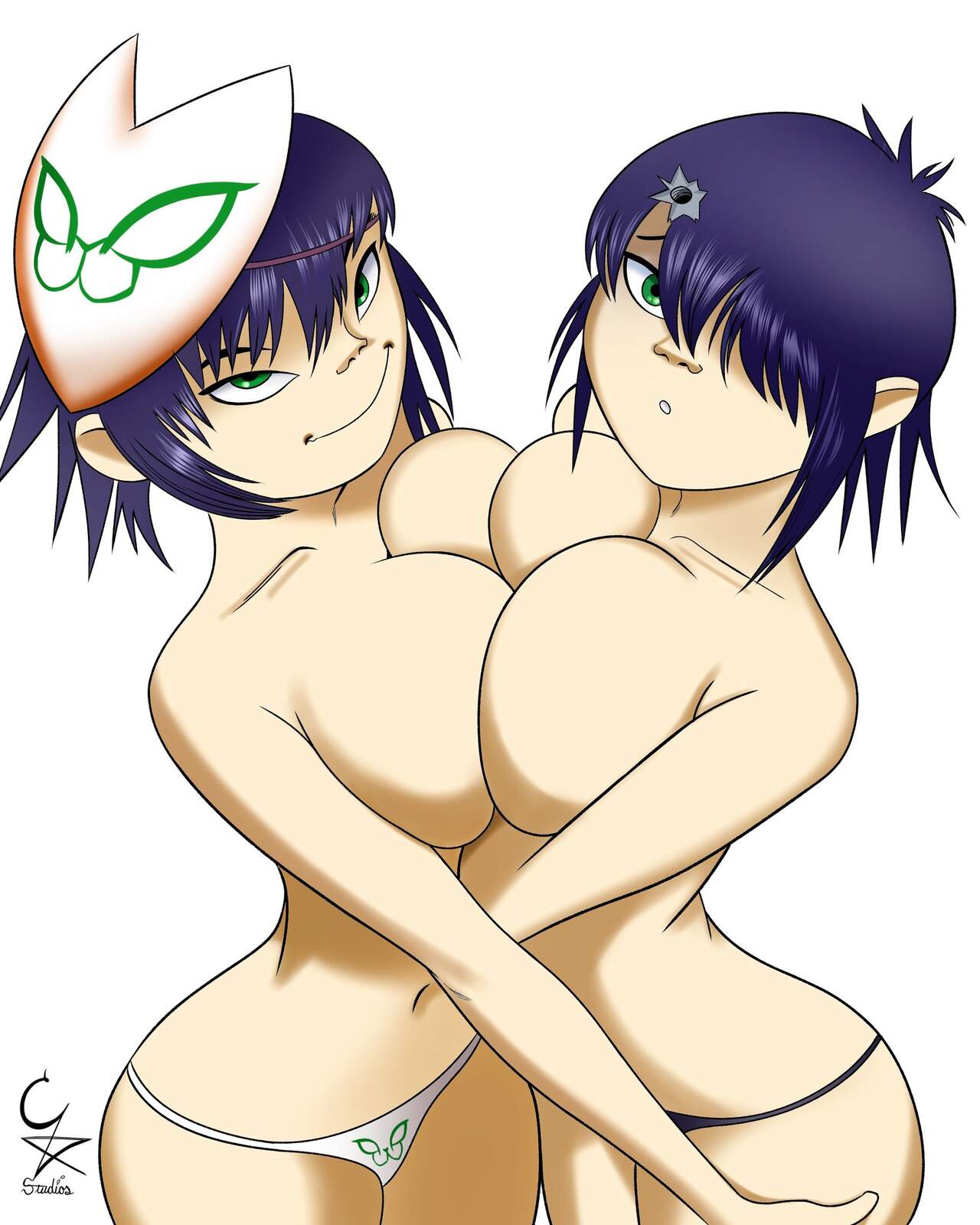 2girls busty cockstar_studios cyborg_noodle gorillaz noodle_(plastic_beach) squeezing_breast thong without_bra