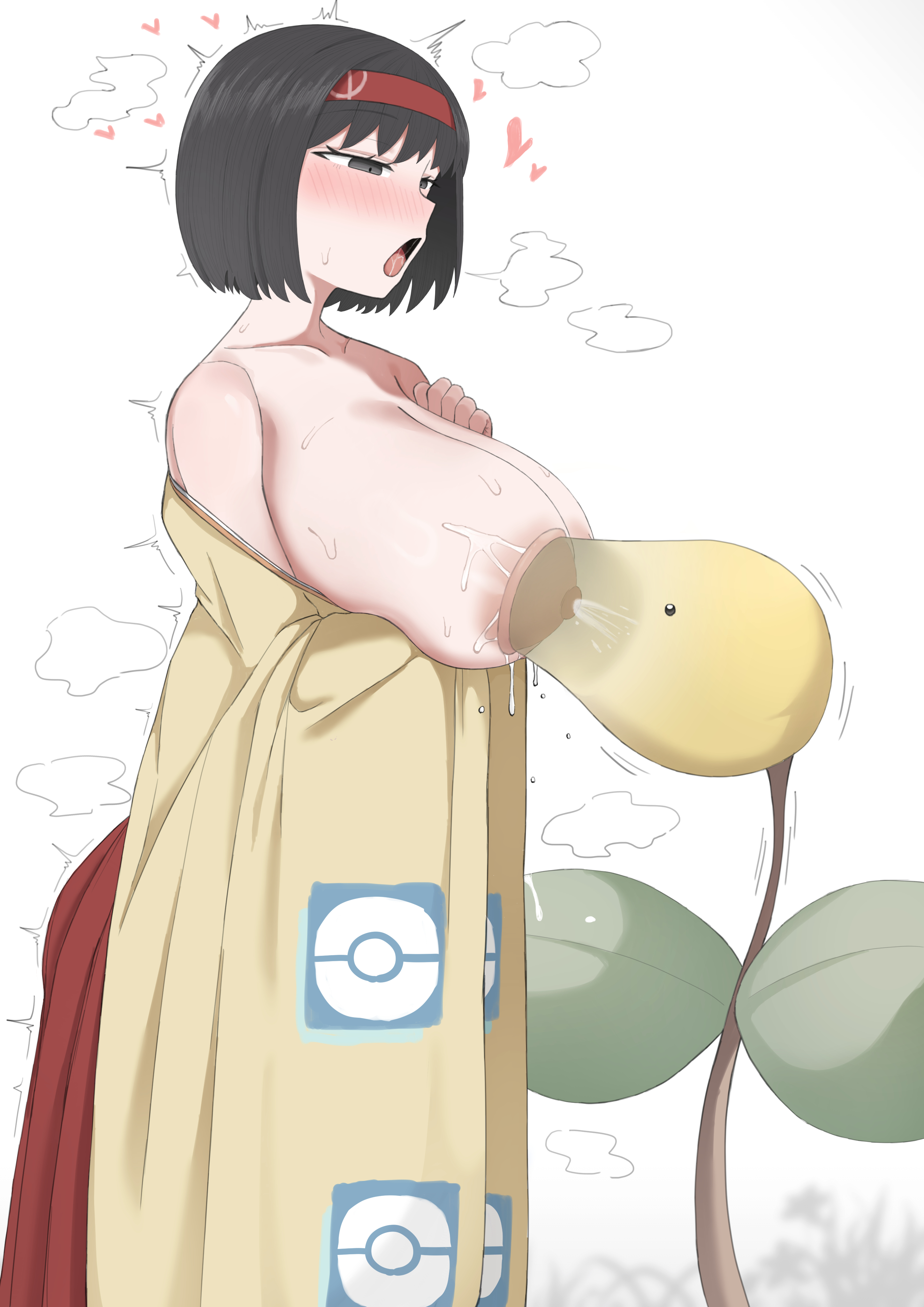 1girls, 2d, bare breasts, bellsprout, big breasts, black hair, black-haired female, breastfeeding, breasts, dot eyes, erika (pokemon), female, gym leader, hairband, human, human female, ikamushi (ikaikamushi), interspecies, lactation, leaf, light skin, light-skinned female, milk, monster, nintendo, nipple suck, nipple sucking, nipples, no bra, open mouth, plant monster, pokemon, pokemon (species), pokemon rgby, pokephilia, red eyes, simple background, sucking, sucking nipples, x-ray