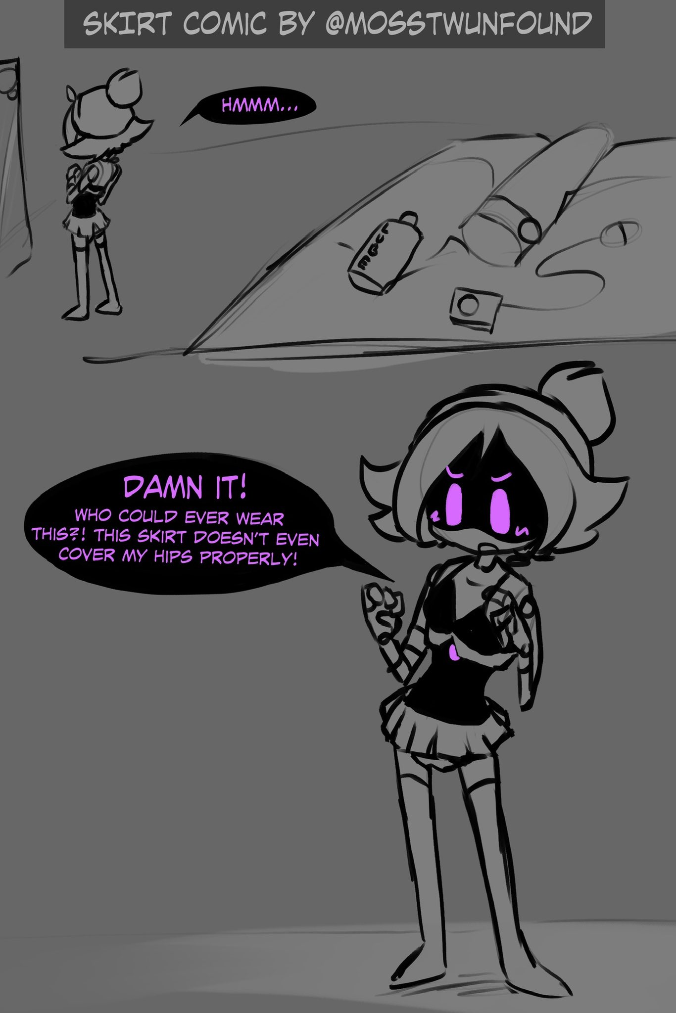 1girls, 2d, comic, comic page, english text, female, female only, hair, humanoid, mosstwunfound, murder drones, robot, robot girl, robot humanoid, screen face, skirt, solo, tagme, talking, text, uzi (murder drones)
