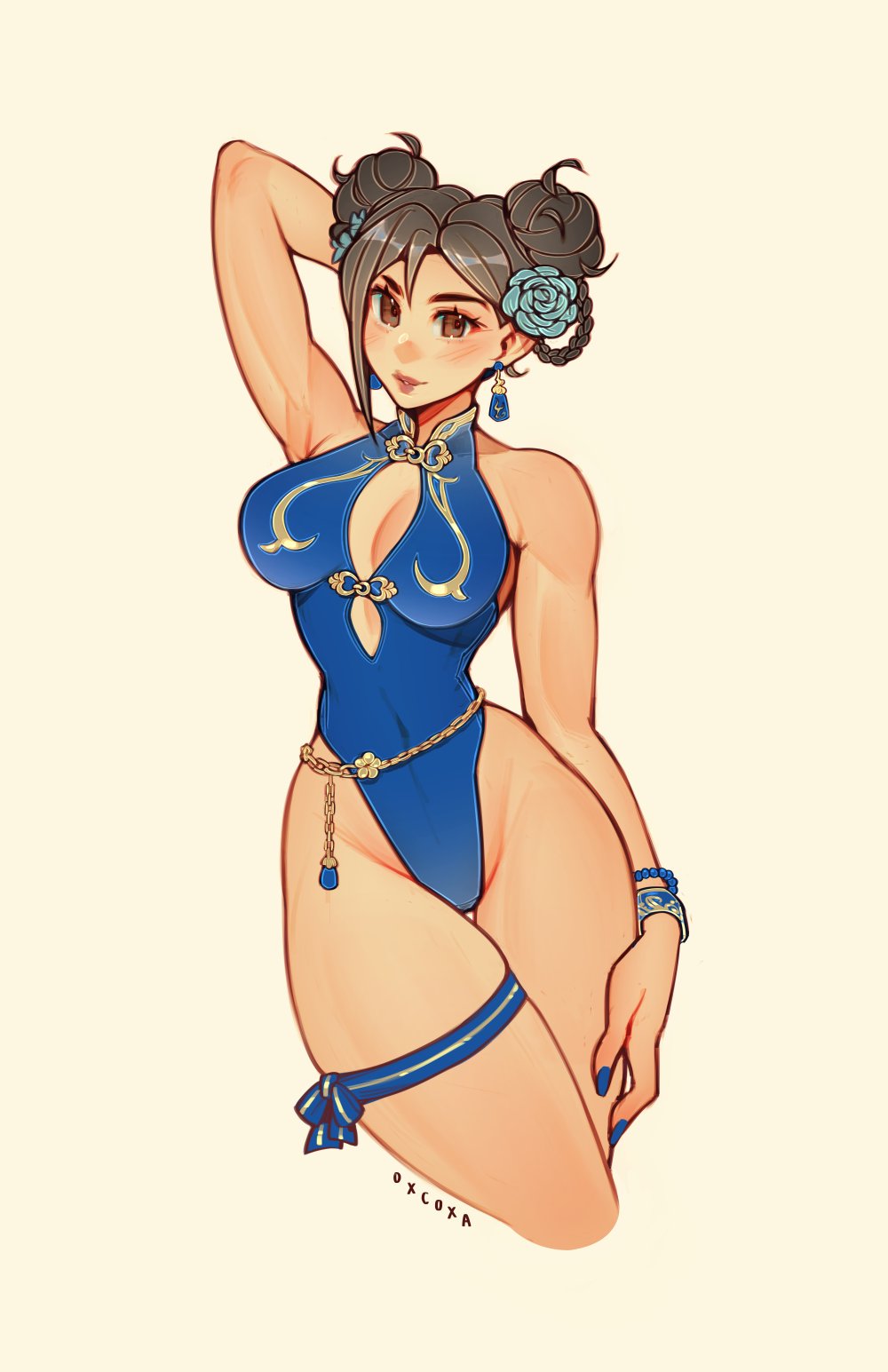 1girls, armpits, artist name, big breasts, boob window, breasts, brown eyes, brown hair, busty, capcom, chun-li, cleavage, cleavage cutout, curvy, female, flowers in hair, hair buns, hips, light skin, light-skinned female, oxcoxa, street fighter, thick thighs, thigh strap, wide hips