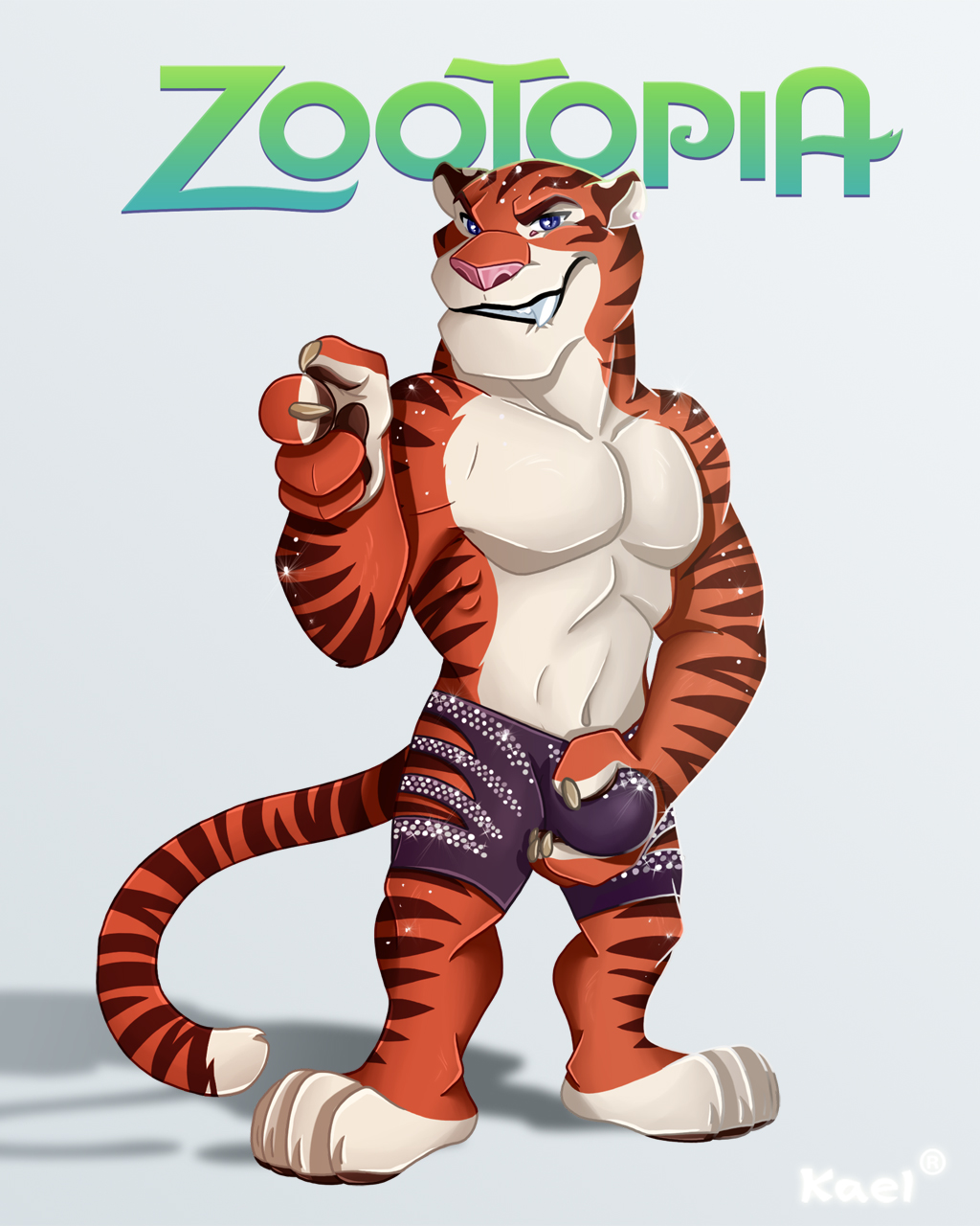 abs biceps blue_eyes brown_fur bulge claws clothed clothing disney fangs feline fur hi_res kael_tiger looking_at_viewer male male_only mammal muscular orange_fur pecs pink_nose shorts smile solo standing stripes teeth tiger tiger_dancer_(zootopia) topless white_fur zootopia