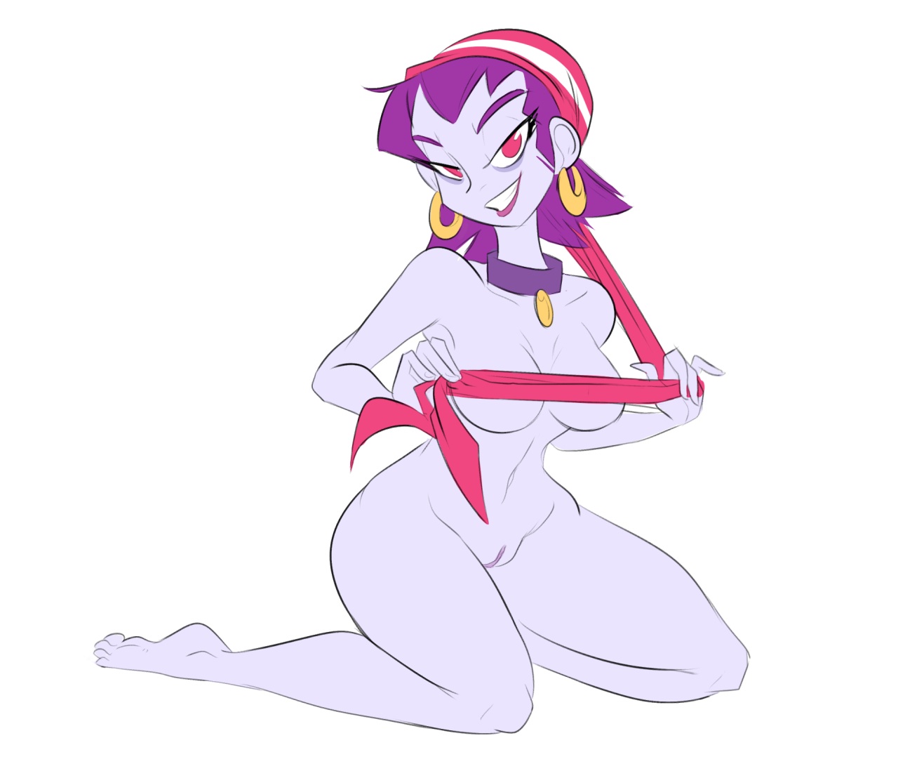 bandana, barefoot, breasts, choker, collar, color, covering breasts, covering nipples, ear piercing, earrings, feet, female, female only, flat colors, half-closed eyes, herny, human, kneeling, large breasts, looking at viewer, naughty face, nude, pale skin, pirate, purple hair, pussy, red eyes, risky boots, shantae, shaved pussy, smile, smooth skin, soles, solo, toes, white background