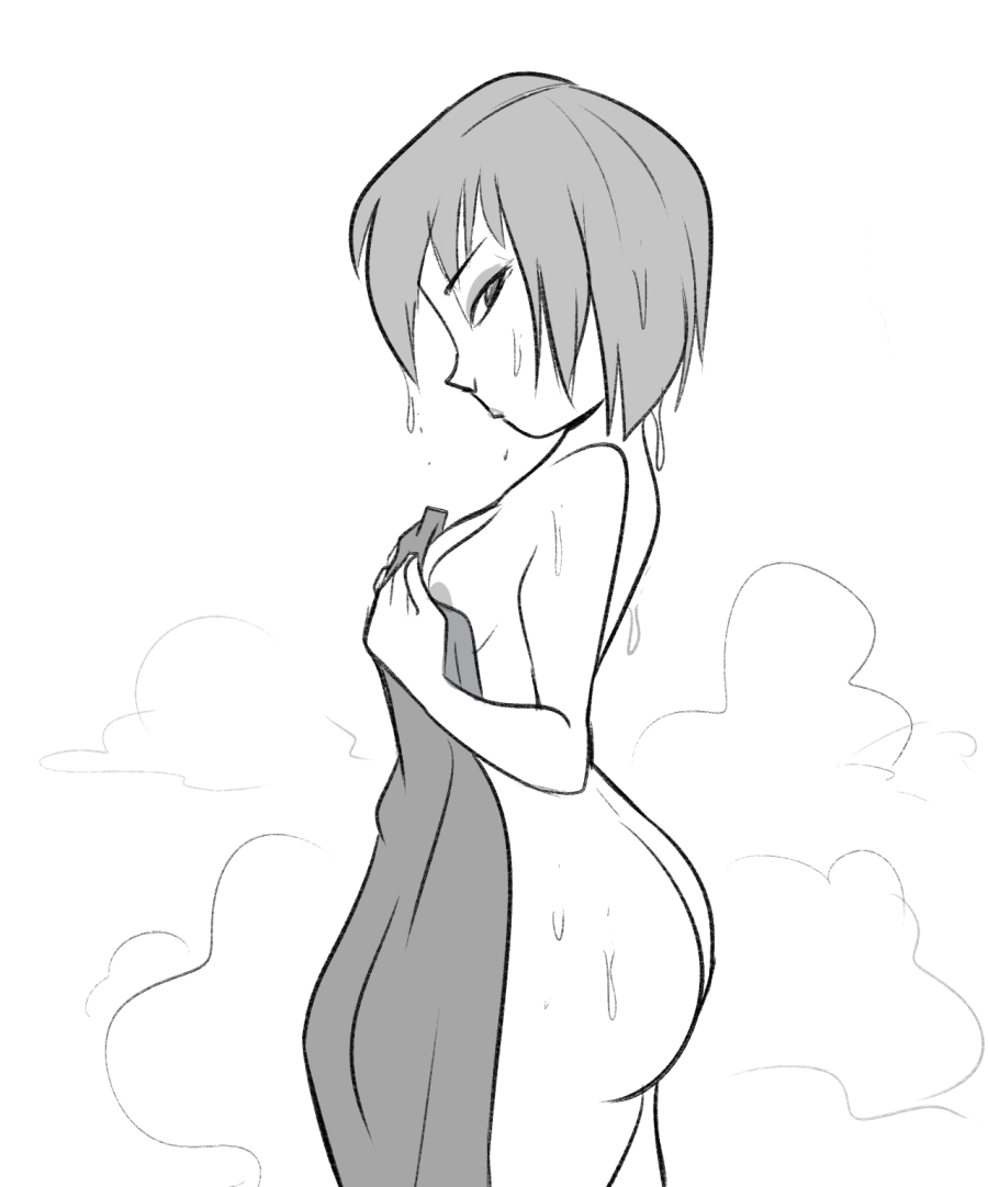 1girls, after shower, ass, big hero 6, breasts, disney, female, female only, gogo tomago, greyscale, herny, looking at viewer, marvel, marvel comics, nipples, nude, sideboob, solo, towel, wet, wet hair