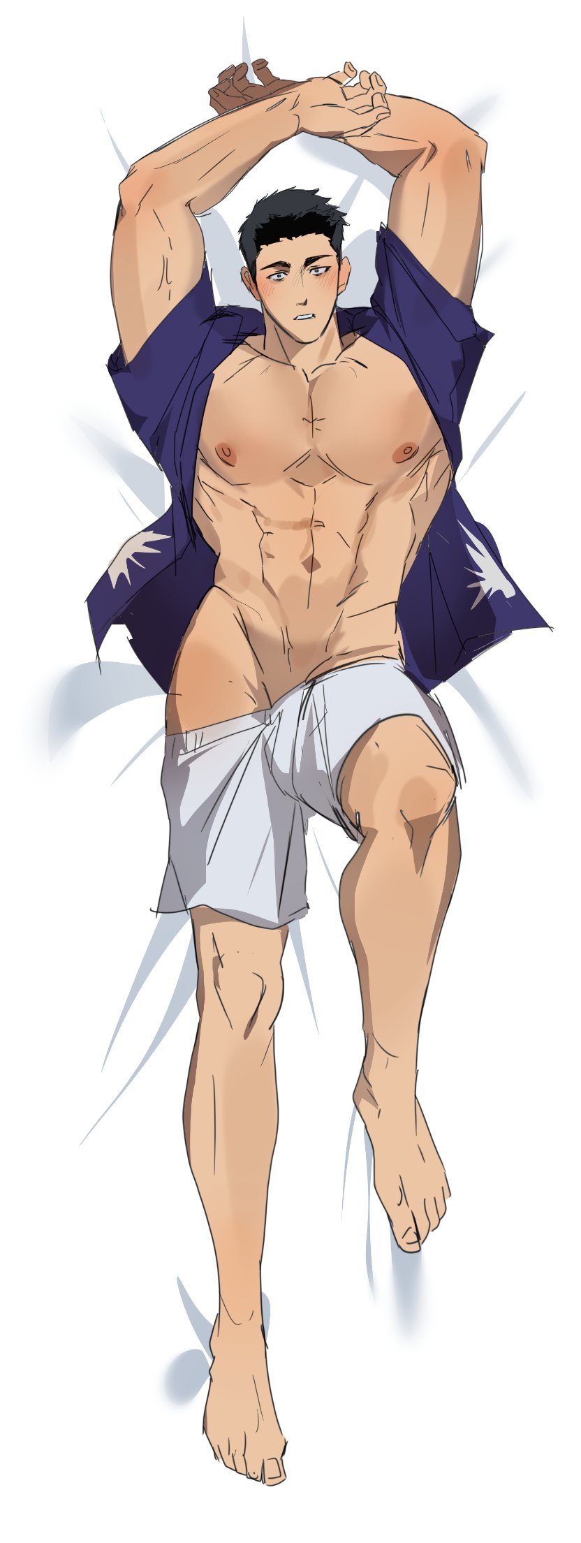 1boy 2024 abs ao_isami arms_up bara bare_pectorals bed_sheet black_hair clothes_pull dakimakura_(medium) facial_hair from_above full_body large_pectorals looking_at_viewer lying male male_only muscular muscular_male navel nipples no_visible_genitalia official_alternate_costume on_back open_clothes open_shirt pectorals shaved_body shorts shorts_pull sideburns_stubble sokkong_(sokkongs2) solo stomach stubble thick_eyebrows tsurime yuuki_bakuhatsu_bang_bravern