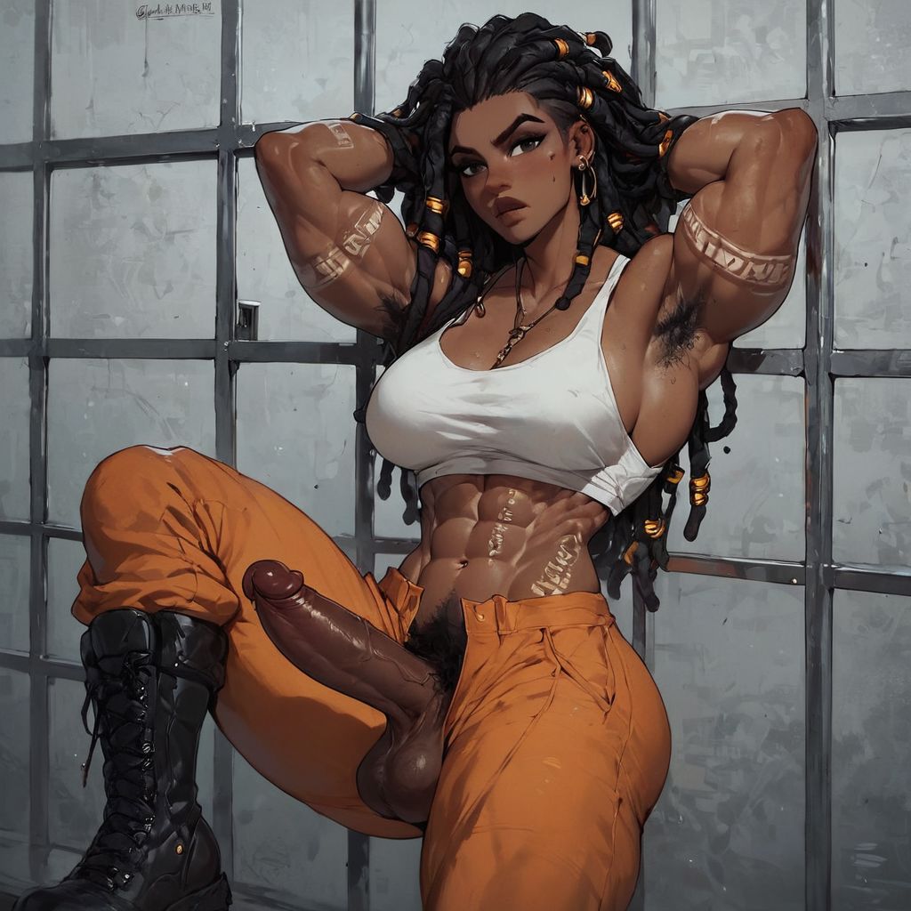 1futa ai_generated armpit_hair armpits boots brunette_futa brunette_hair cock dark-skinned_futanari dark_hair dark_skin dickgirl female_armpit_hair futa_only futanari gurza jail looking_at_viewer michaela muscular_arms muscular_futanari original_character penis prison prison_cell prison_uniform prisoner pubic_hair solo veins veiny veiny_penis