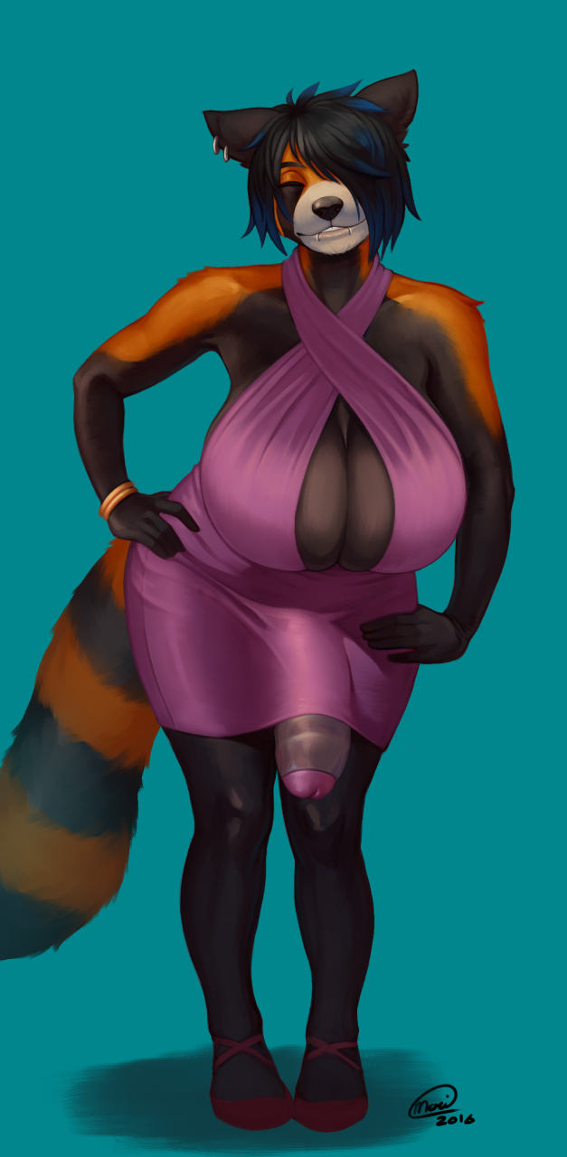 1futa, breasts, bulge, dickgirl, dress, ear piercing, foreskin, furry, futanari, hyper breasts, hyper penis, intersex, lip piercing, mariart, mia (talash), penis, piercing, red panda, solo futa, trans woman, transfem, uncircumcised, uncut