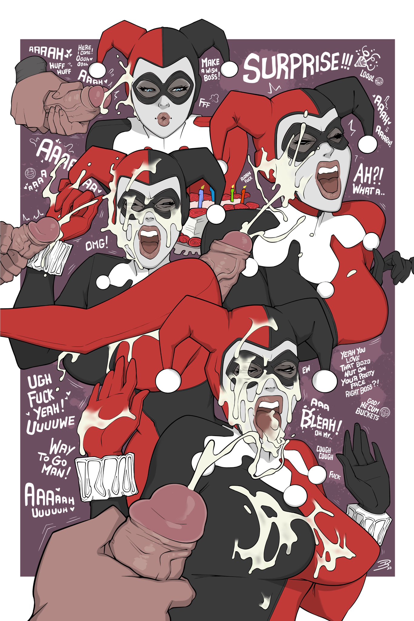1girls, batman (series), batman: the animated series, blue eyes, close-up, cum, cum on face, dc, dc comics, digital media (artwork), female, female only, harley quinn, harley quinn (classic), light skin, light-skinned female, masturbating to person, masturbation, masturbation onto another, naked, naked female, one eye closed, rape, ruined makeup, solo, theweirdibi, villain, villainess