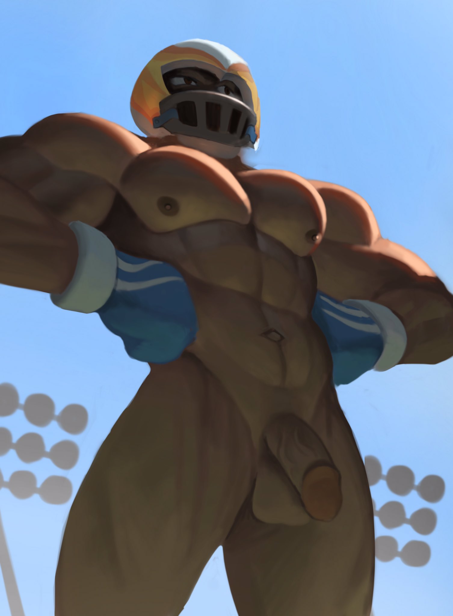 abs balls bara bottomless brawl_stars el_primo_(brawl_stars) el_quarterback_(brawl_stars) flaccid flaccid_cock flaccid_penis football_helmet football_player gay gloves helmet male_only mannfikker26 muscular_male nipples pecs pectorals penis_out shirtless sky sports testicles topless veiny_penis