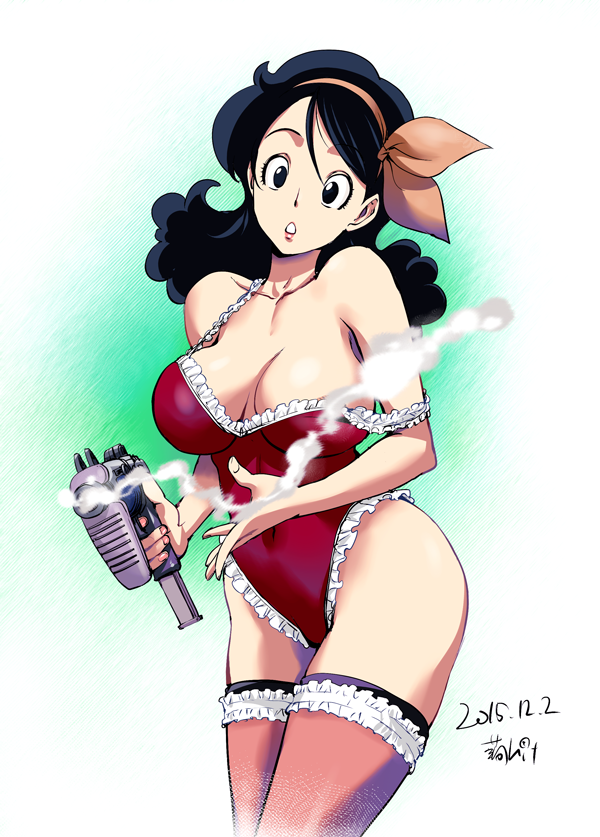 1girls, 2015, 5 fingers, belly button, big breasts, black eyes, black hair, breasts, bustier, busty, camisole, cleavage, color, colored, corset, curvaceous, curvy, dark hair, dated, dragon ball, eyelashes, facing viewer, female, female focus, female only, firearm, garter, good launch, gun, hair, hairbow, handgun, holding object, holding weapon, human, human only, large breasts, launch, long hair, looking at viewer, machine gun, machine pistol, navel, open eyes, parted lips, plain background, round ears, signature, smoke, solo, solo female, solo focus, standing, strap slip, submachine gun, teeth, thigh highs, thighhighs, uncensored, voluptuous, weapon
