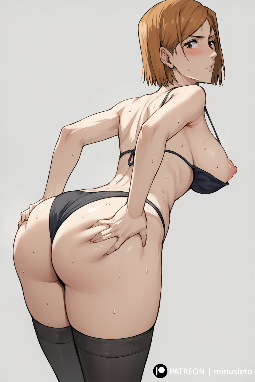 1girls 2024 ai_generated big_ass blush grabbing_own_ass huge_breasts jujutsu_kaisen kugisaki_nobara minusleto nipples short_hair solo stable_diffusion stockings sweat thick_thighs thong