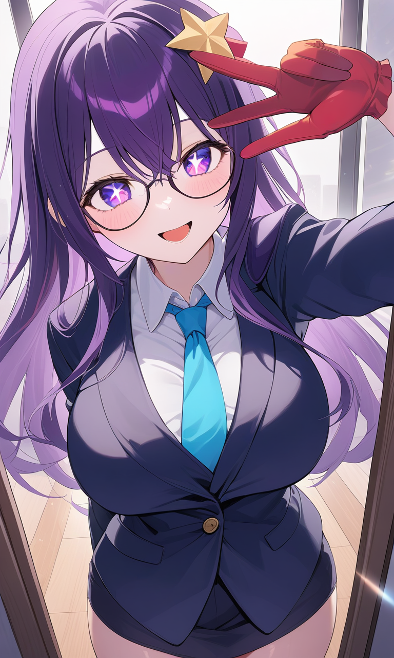 ai_generated aiart_anim big_breasts breasts glasses hair_ornament hoshino_ai office_clothing office_lady oshi_no_ko peace_sign pixai purple_eyes purple_hair smile stars_in_eyes tagme