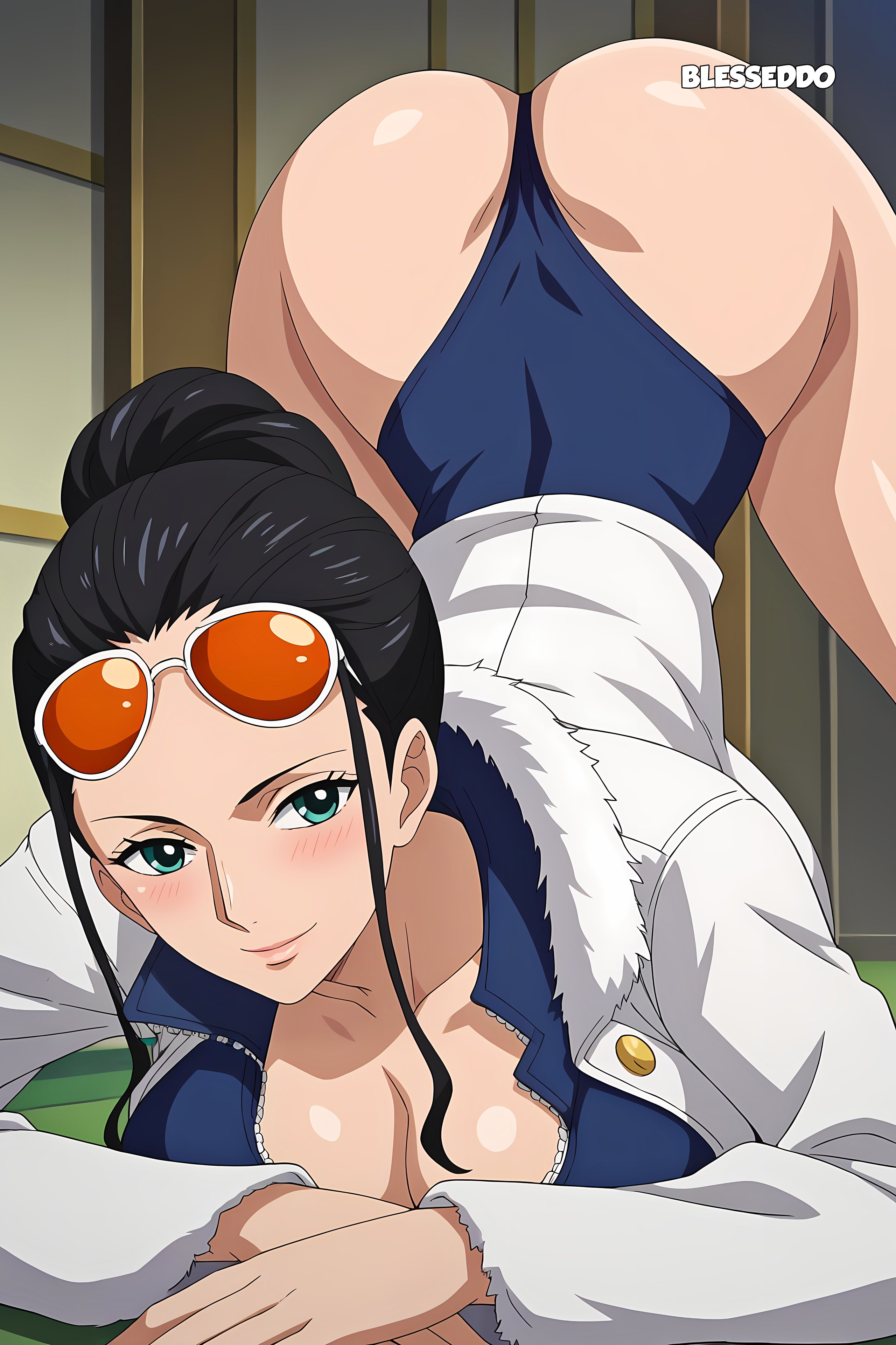 1girls, ai generated, ass, ass focus, black hair, black-haired female, blesseddo, breasts, cleavage, face down ass up, female, female only, green eyes, hair bun, jack-o pose, leotard, looking at viewer, nico robin, one piece, short hair, solo, tagme, thighs