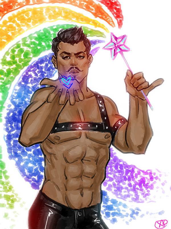 1boy abs artist_signature bara bdsm_harness bdsm_outfit biceps black_hair blowing_kiss brown_eyes dark-skinned_male dark_hair dark_skin dorian_pavus dragon_age dragon_age_inquisition facial_hair frown gay_male heart human leather_pants leather_straps looking_at_viewer mage magic magic_user magic_wand male male_only maxkennedy moustache moustache muscles muscular muscular_male nipples pecs pride_colors rainbow shirtless shirtless_male solo solo_male standing standing_position video_games wand