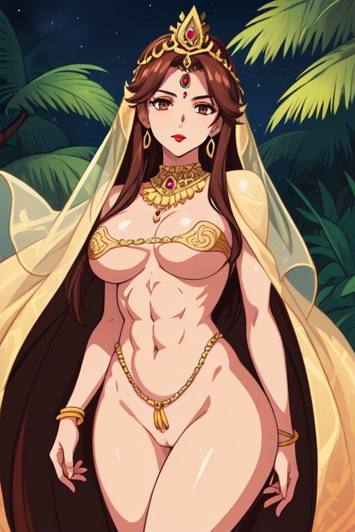 abs ai_generated anime_style bangle bare_midriff bare_thighs belly belly_button belly_chain big_breasts bindi bottomless brown_eyes brown_hair cleavage crown earrings female female_only forest forest_background gold_jewelry hairless_pussy indian indian_clothes indian_female jewelry jungle light-skinned_female light_skin long_hair midriff navel necklace night night_sky pussy red_lips red_lipstick slim_waist solo solo_female thick_thighs thighs tiara veil very_long_hair wide_hips yellow_clothing