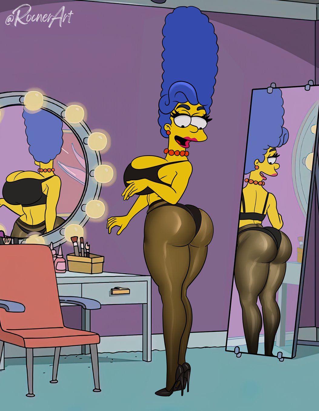 1girls 2d 2d_(artwork) artist_name ass big_ass big_breasts big_butt big_hair blue_hair bra bubble_ass bubble_butt busty female female_only giant_breasts high_heels huge_ass huge_breasts large_ass lingerie looking_back makeup marge_simpson milf mirror panties pantyhose reflection rocner solo standing the_simpsons thick_thighs voluptuous voluptuous_female yellow_body