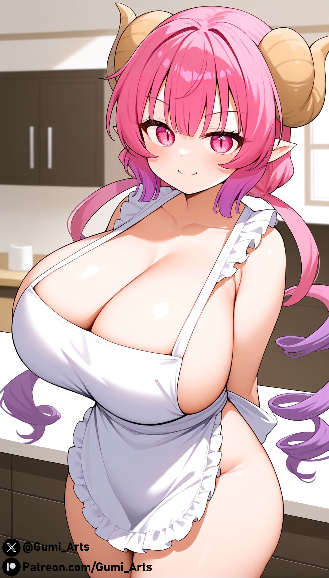 ai generated, blush, breasts, cleavage, curled horns, dragon horns, female, gumi arts, huge breasts, ilulu (dragon maid), indoors, looking at viewer, low twintails, miss kobayashi's dragon maid, multicolored hair, naked apron, pink hair, pointy ears, purple hair, short hair with long locks, sidelocks, smile, stable diffusion, thick thighs, twin drills